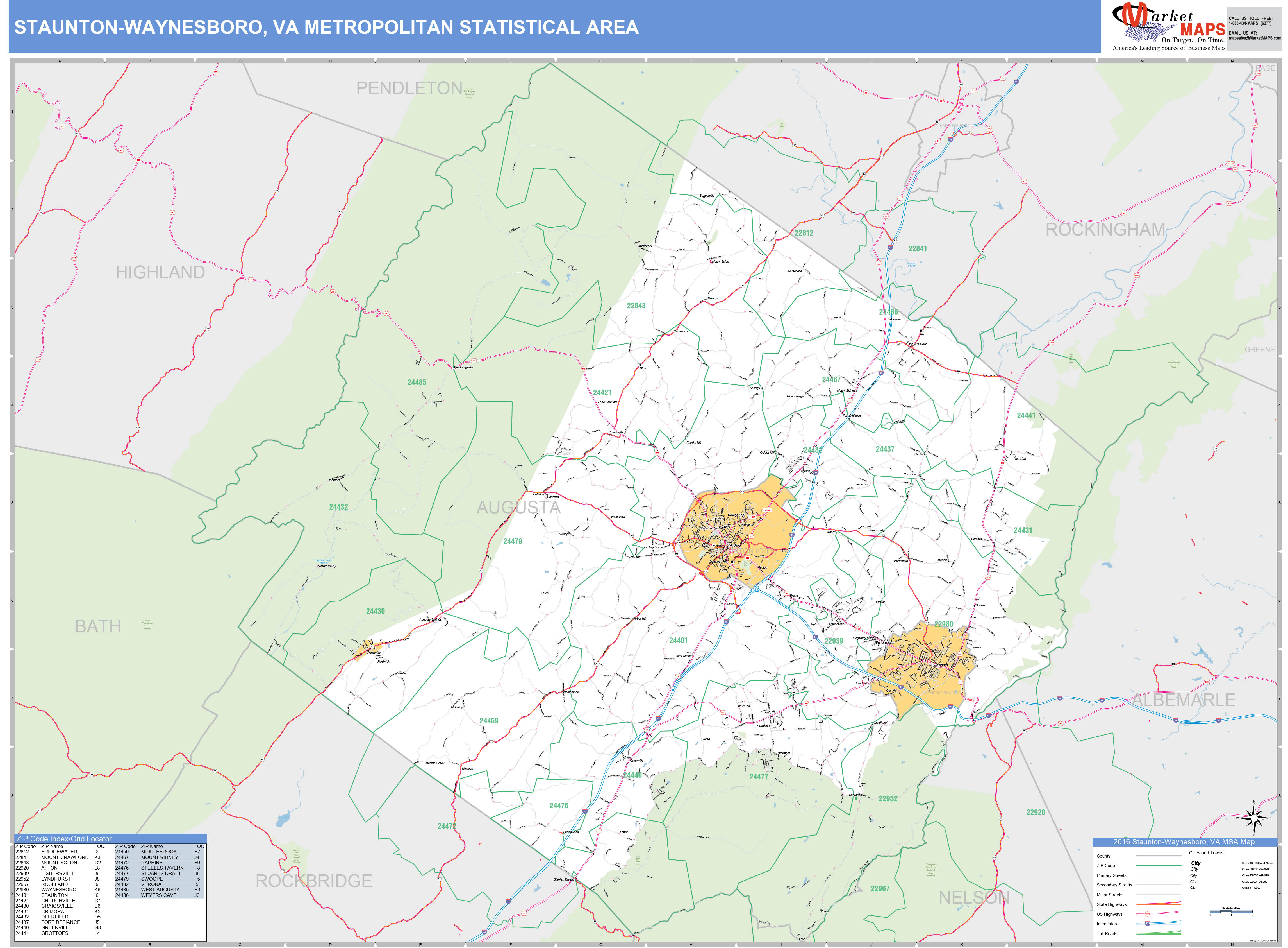 StauntonWaynesboro, VA Metro Area Wall Map Basic Style by MarketMAPS