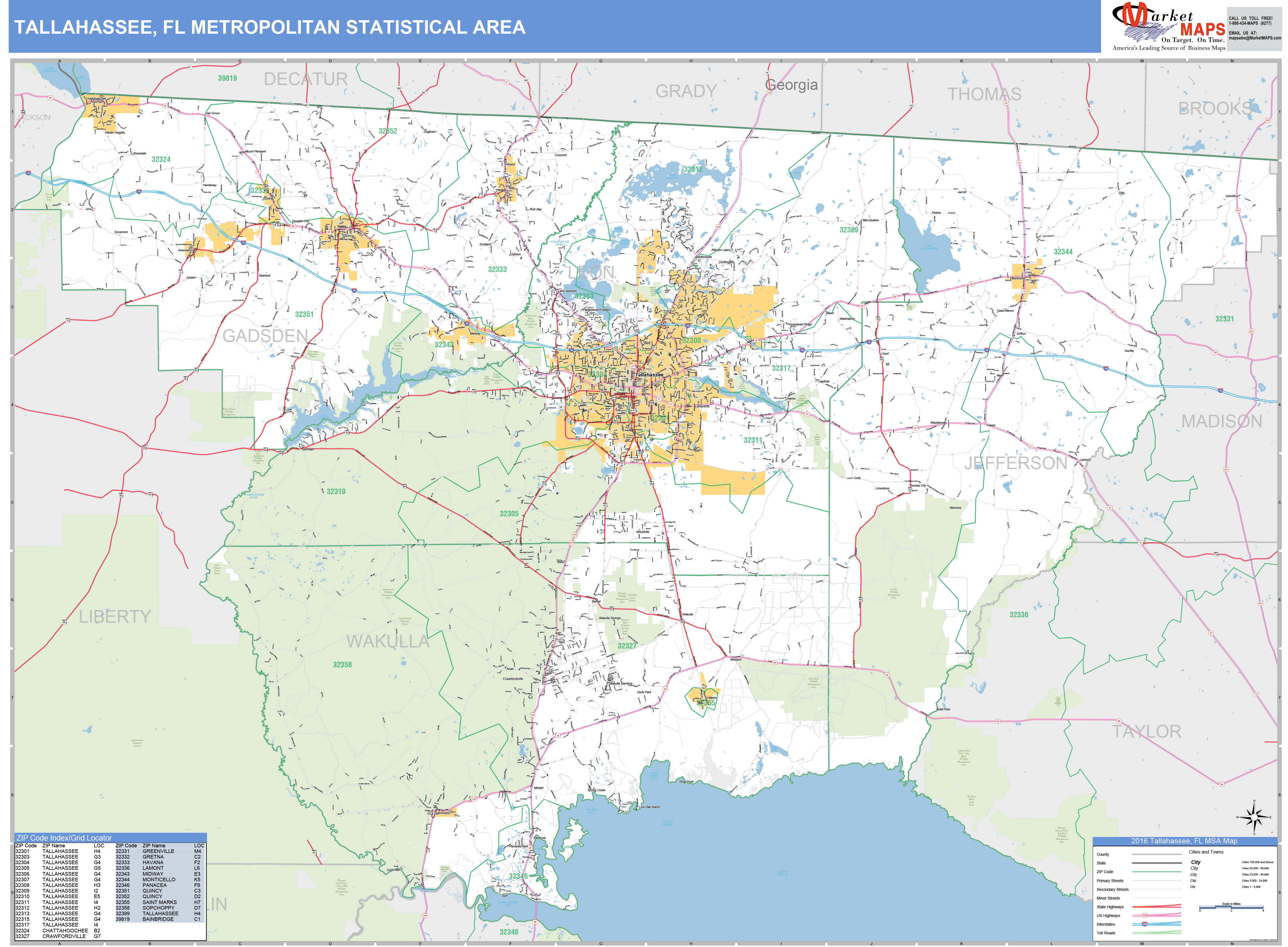 Tallahassee, FL Metro Area Wall Map Basic Style by MarketMAPS