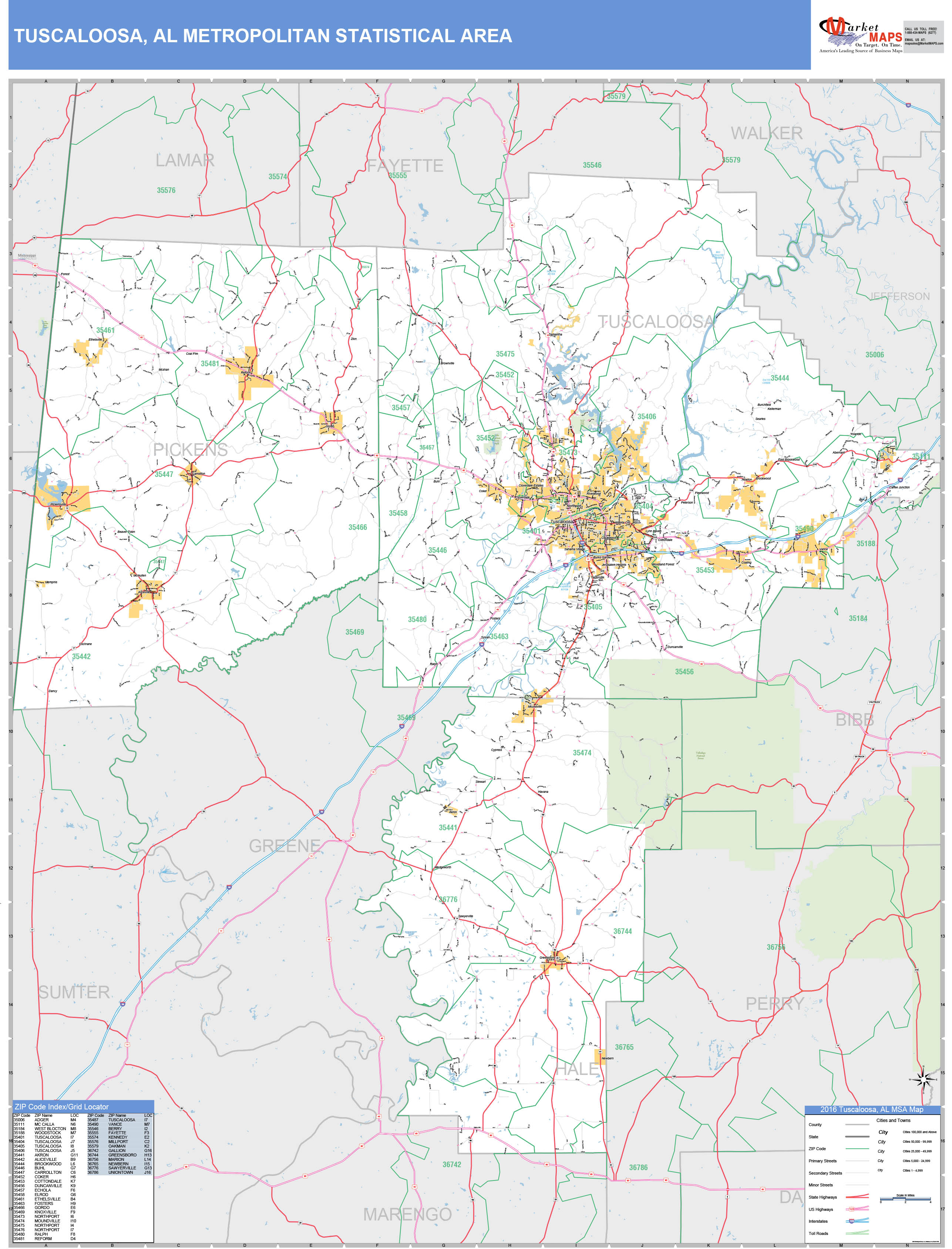 Tuscaloosa, AL Metro Area Wall Map Basic Style by MarketMAPS