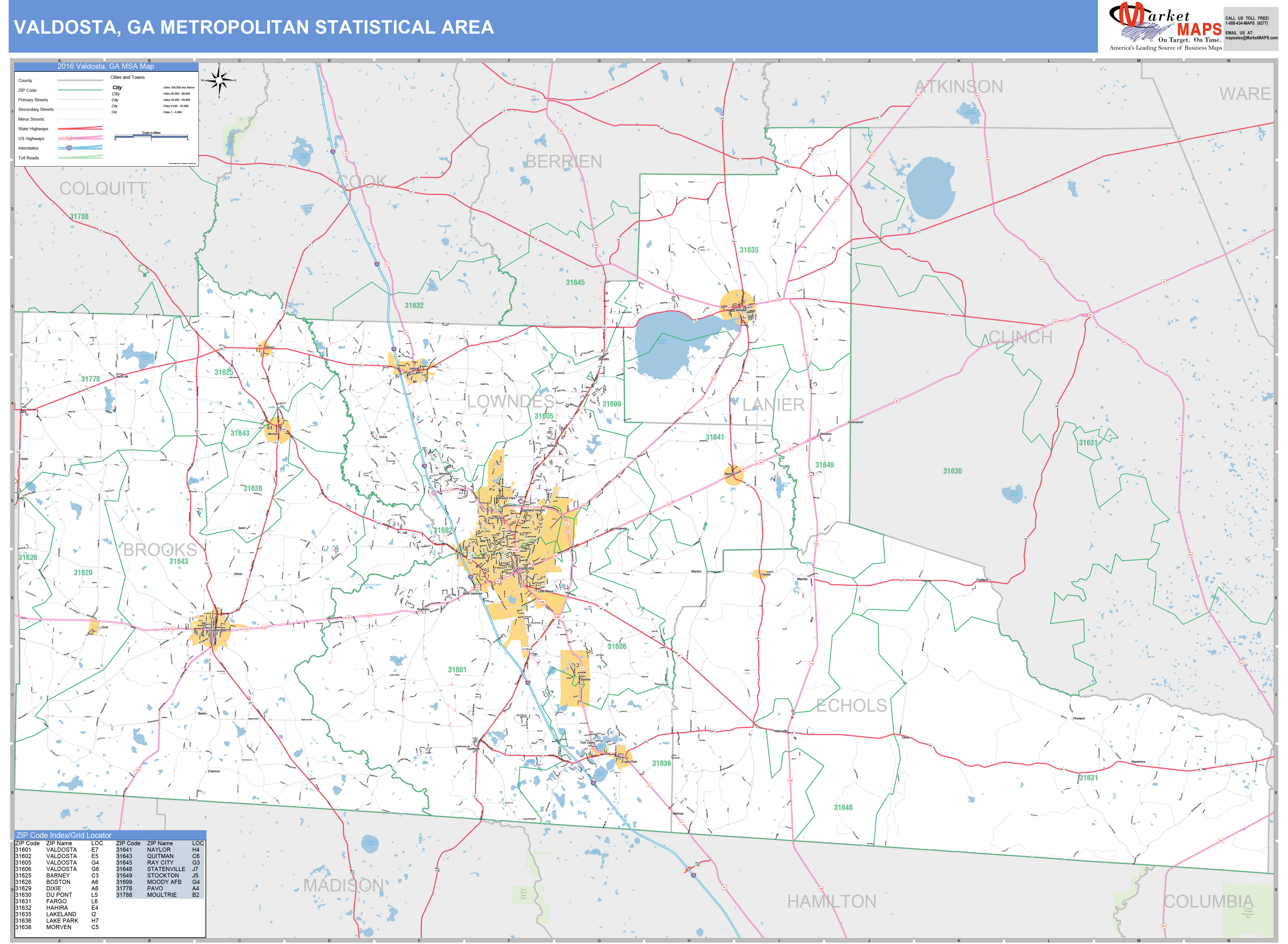 Valdosta, GA Metro Area Wall Map Basic Style by MarketMAPS