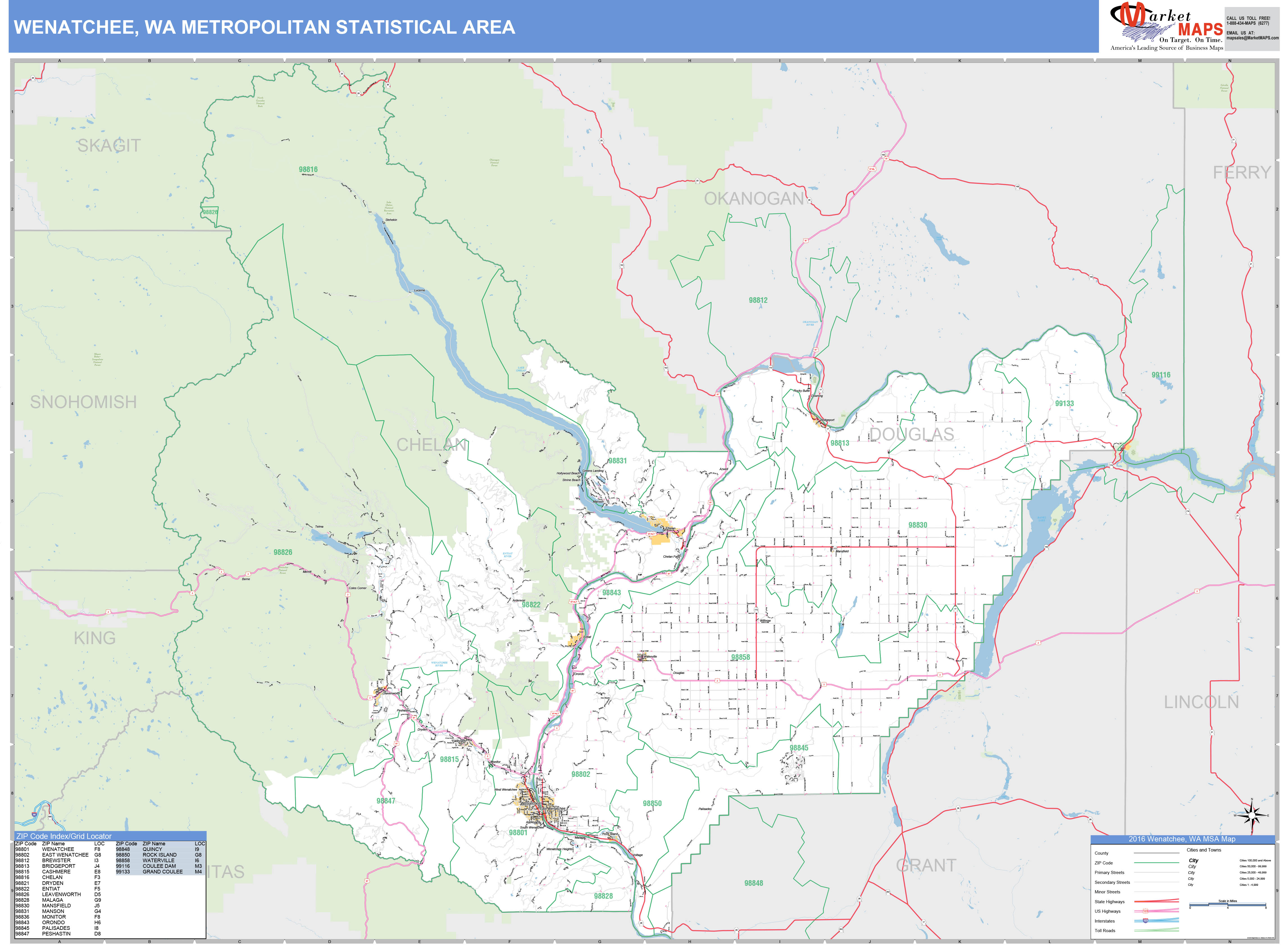 Wenatchee, WA Metro Area Wall Map Basic Style by MarketMAPS