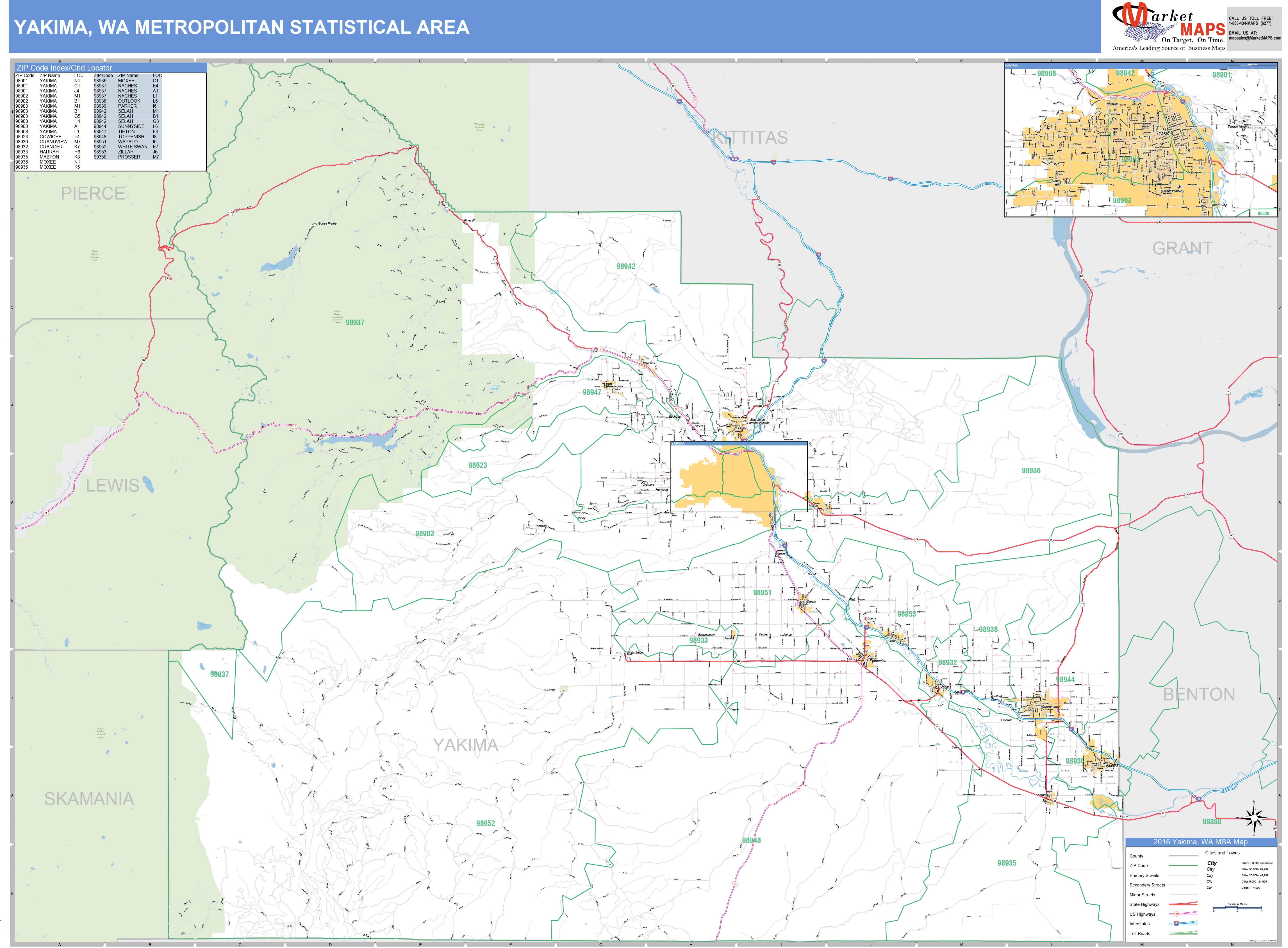 Yakima, WA Metro Area Wall Map Basic Style by MarketMAPS