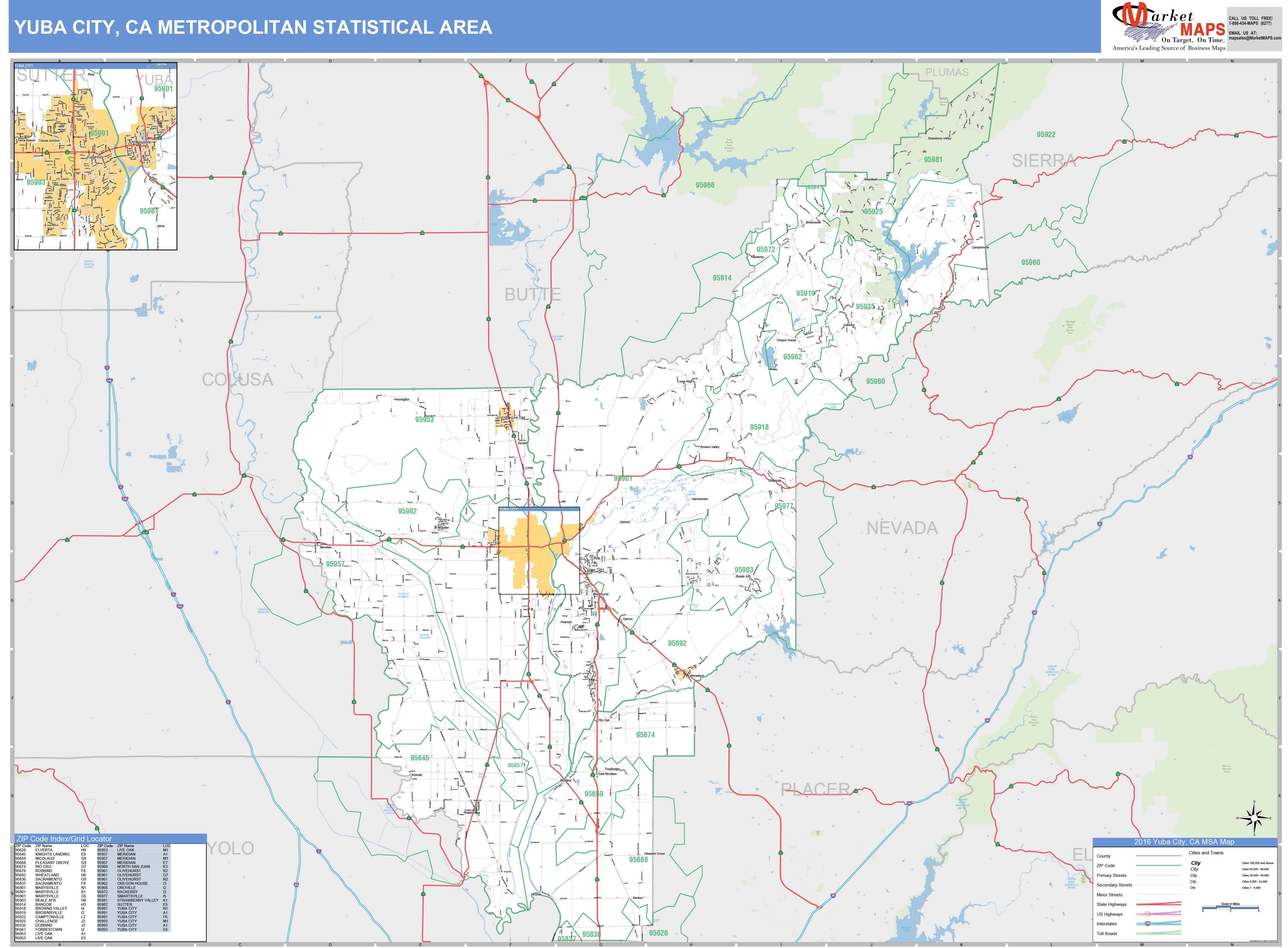Yuba City, CA Metro Area Wall Map Basic Style by MarketMAPS