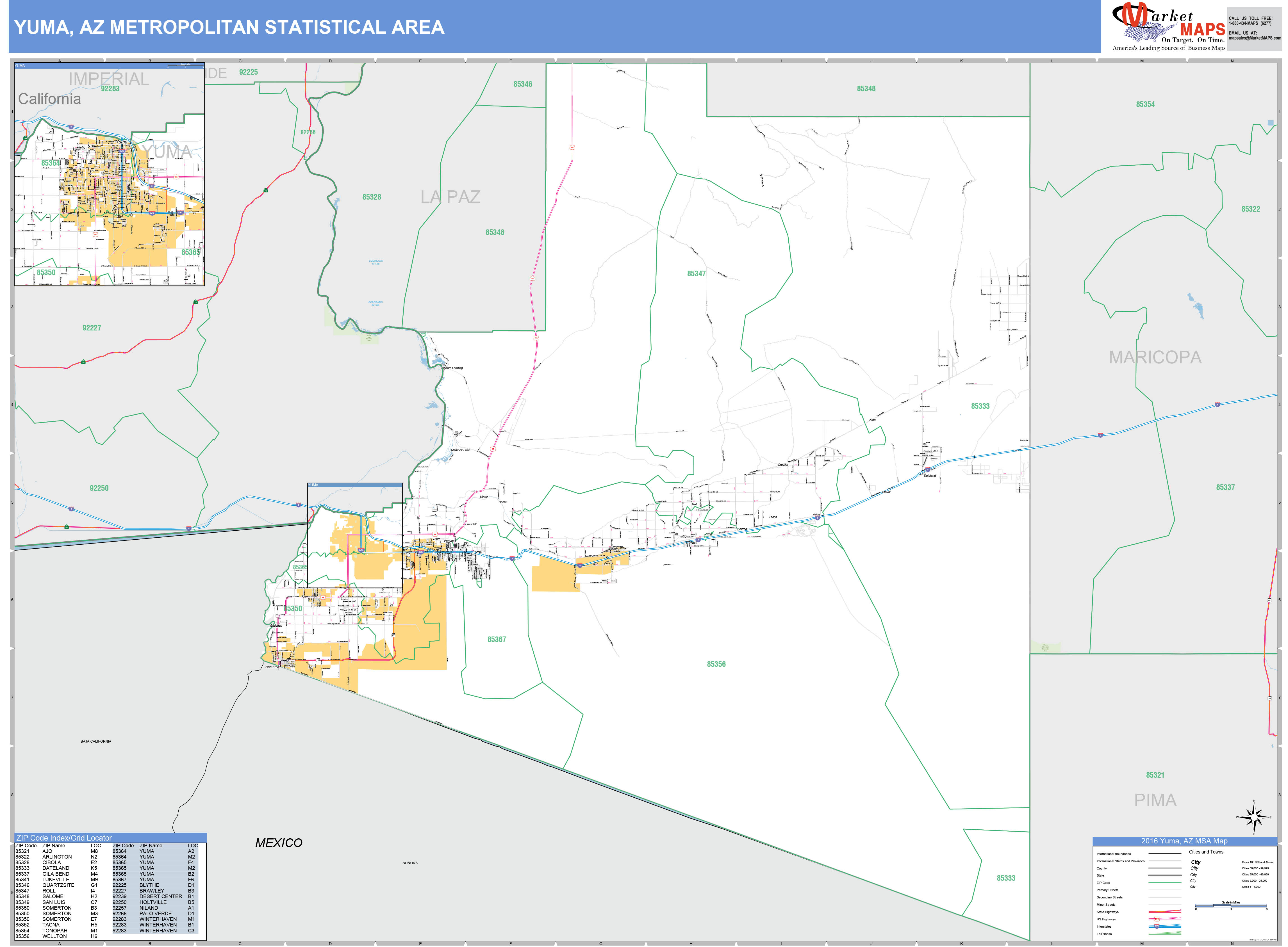 Yuma, AZ Metro Area Wall Map Basic Style by MarketMAPS