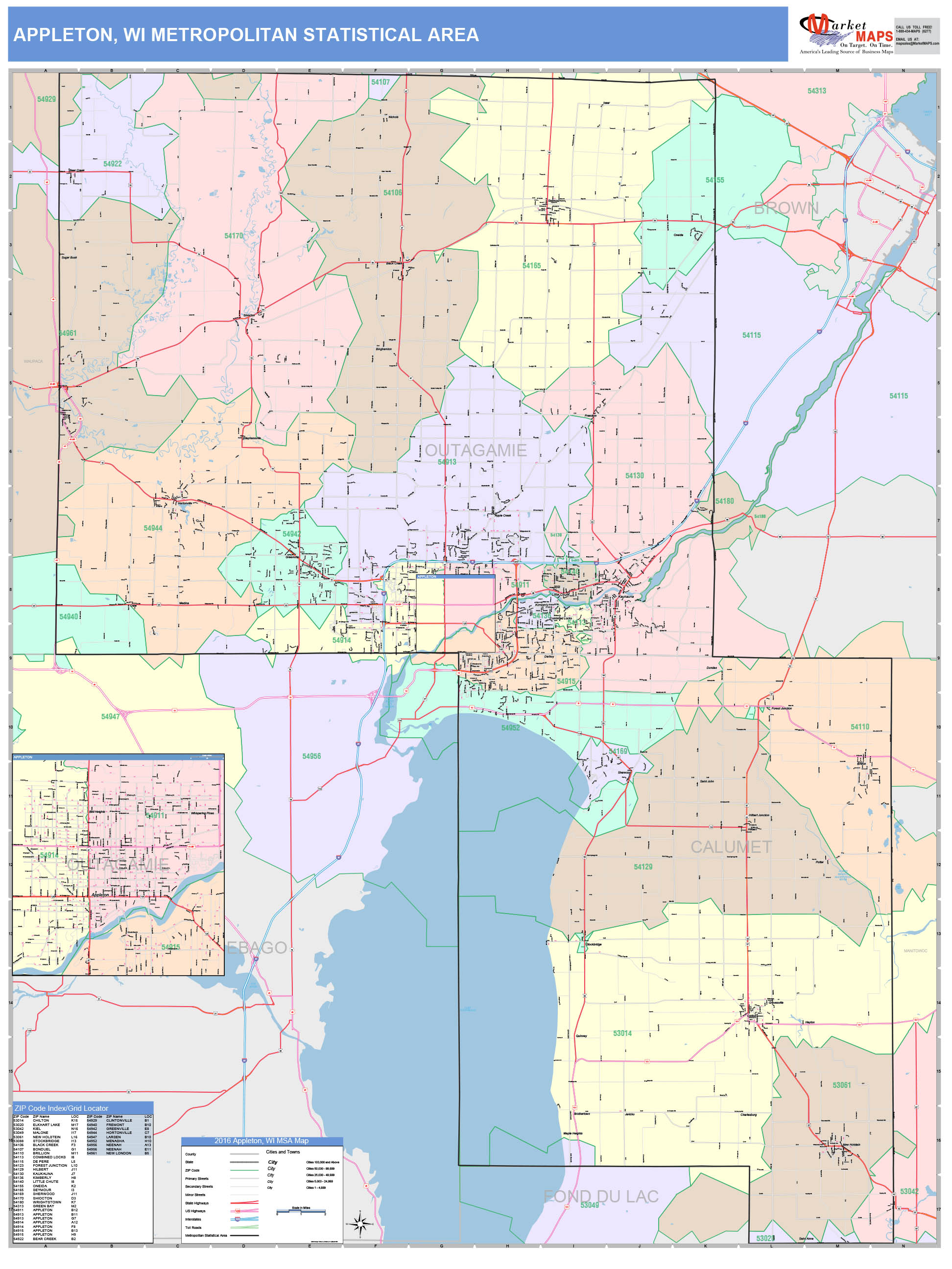 Appleton, WI Metro Area Wall Map Color Cast Style by MarketMAPS