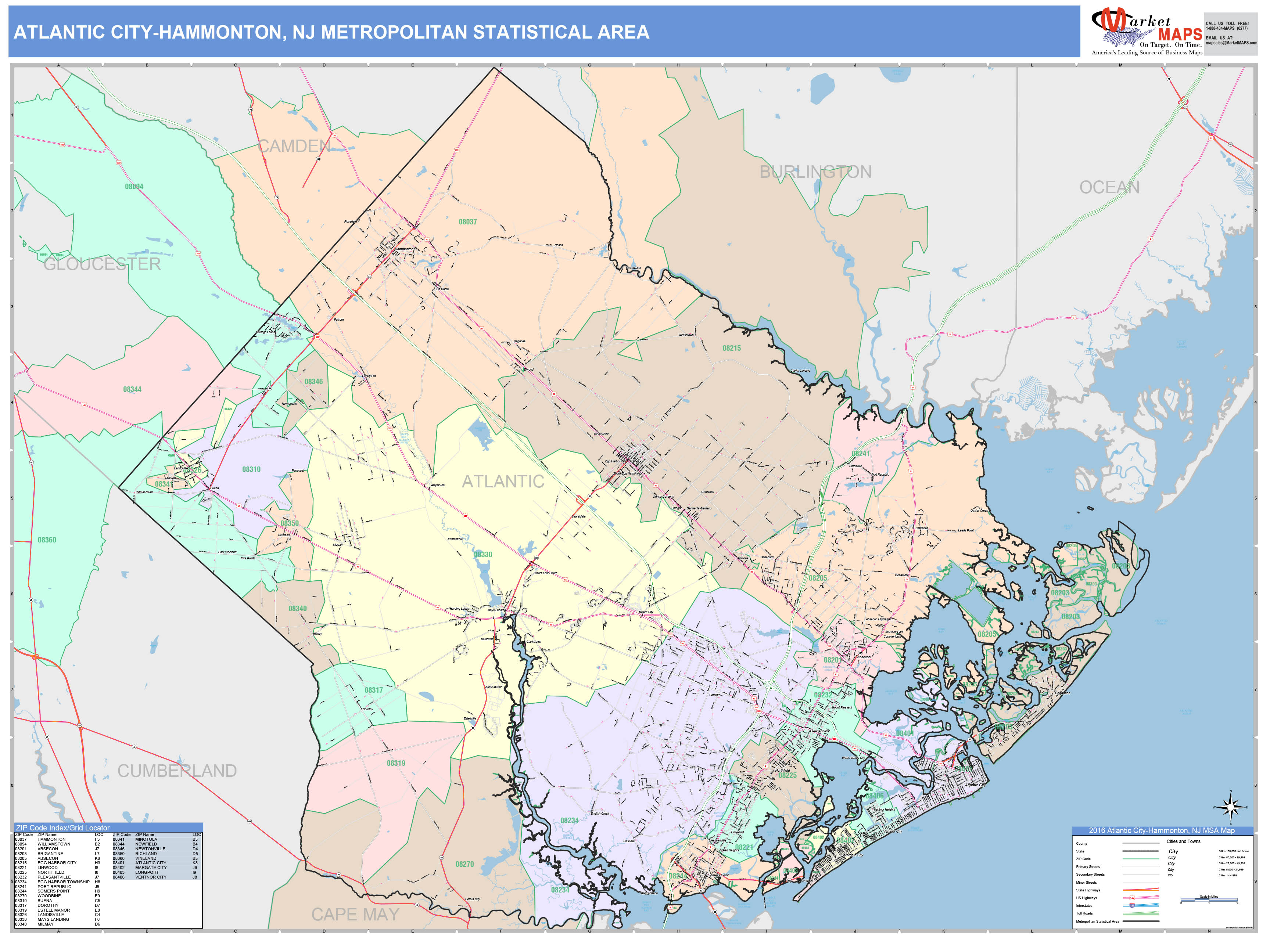 Atlantic CityHammonton, NJ Metro Area Wall Map Color Cast Style by