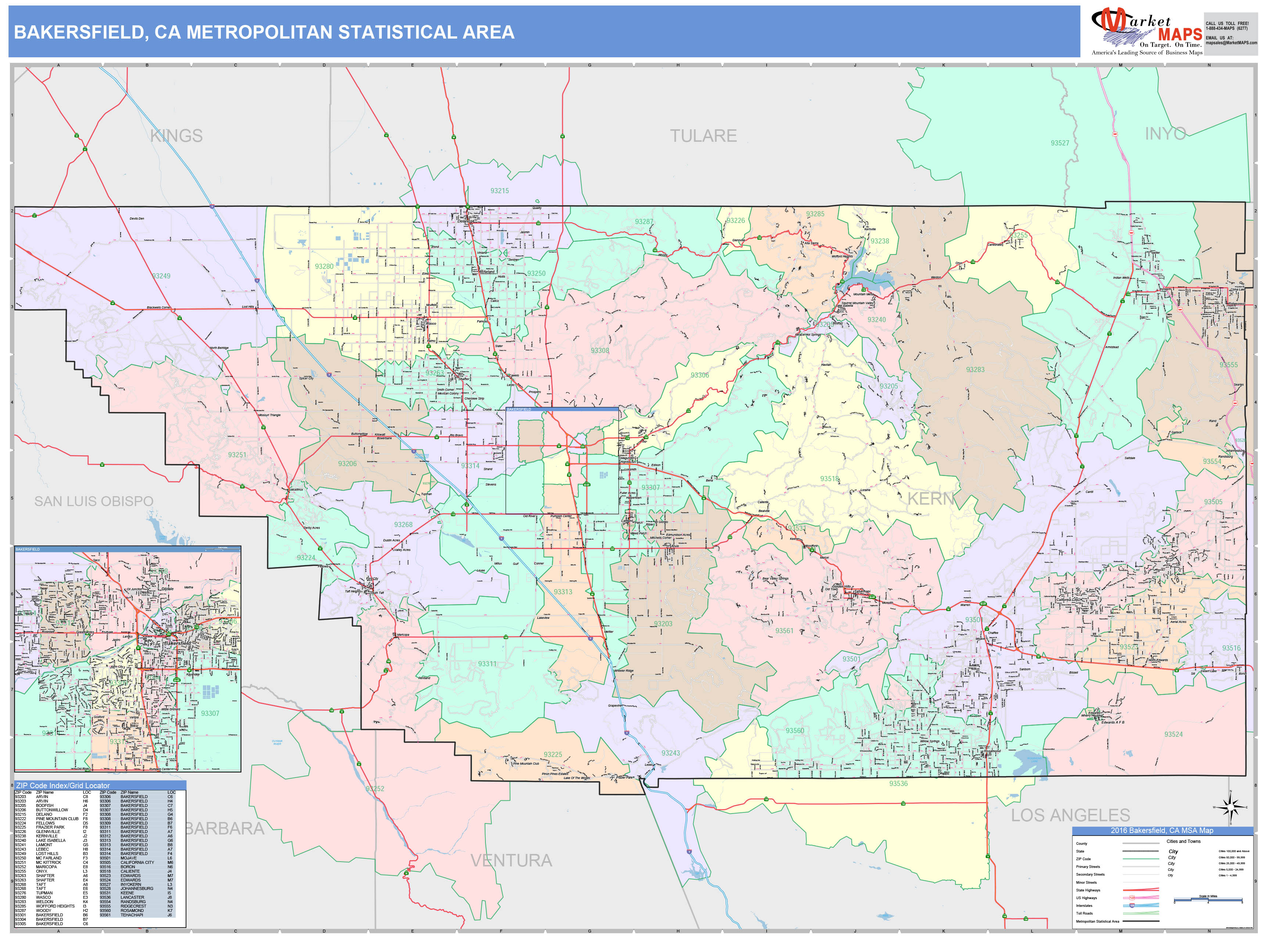 Bakersfield, CA Metro Area Wall Map Color Cast Style by MarketMAPS