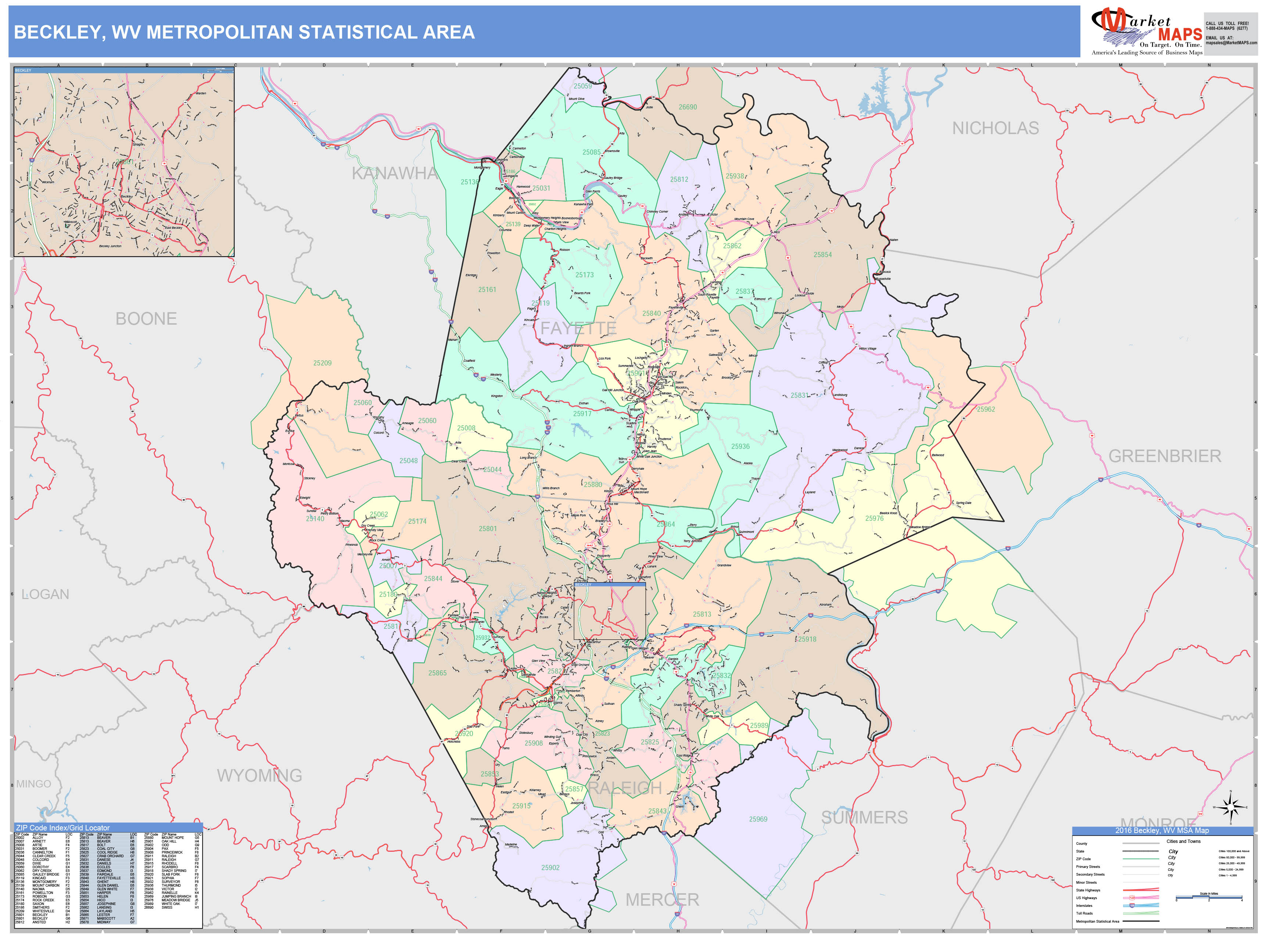 Beckley, WV Metro Area Wall Map Color Cast Style by MarketMAPS