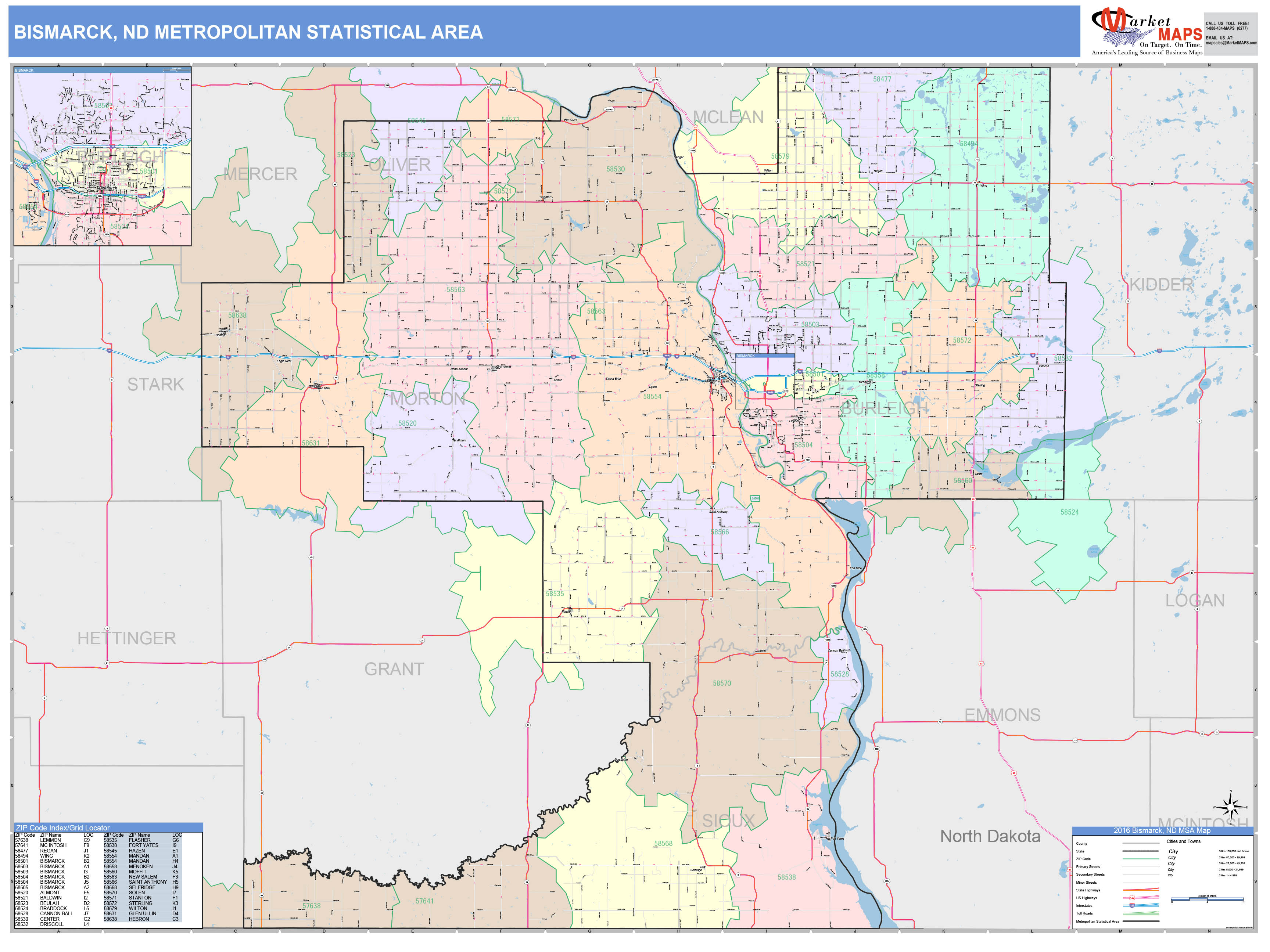 Bismarck, ND Metro Area Wall Map Color Cast Style by MarketMAPS