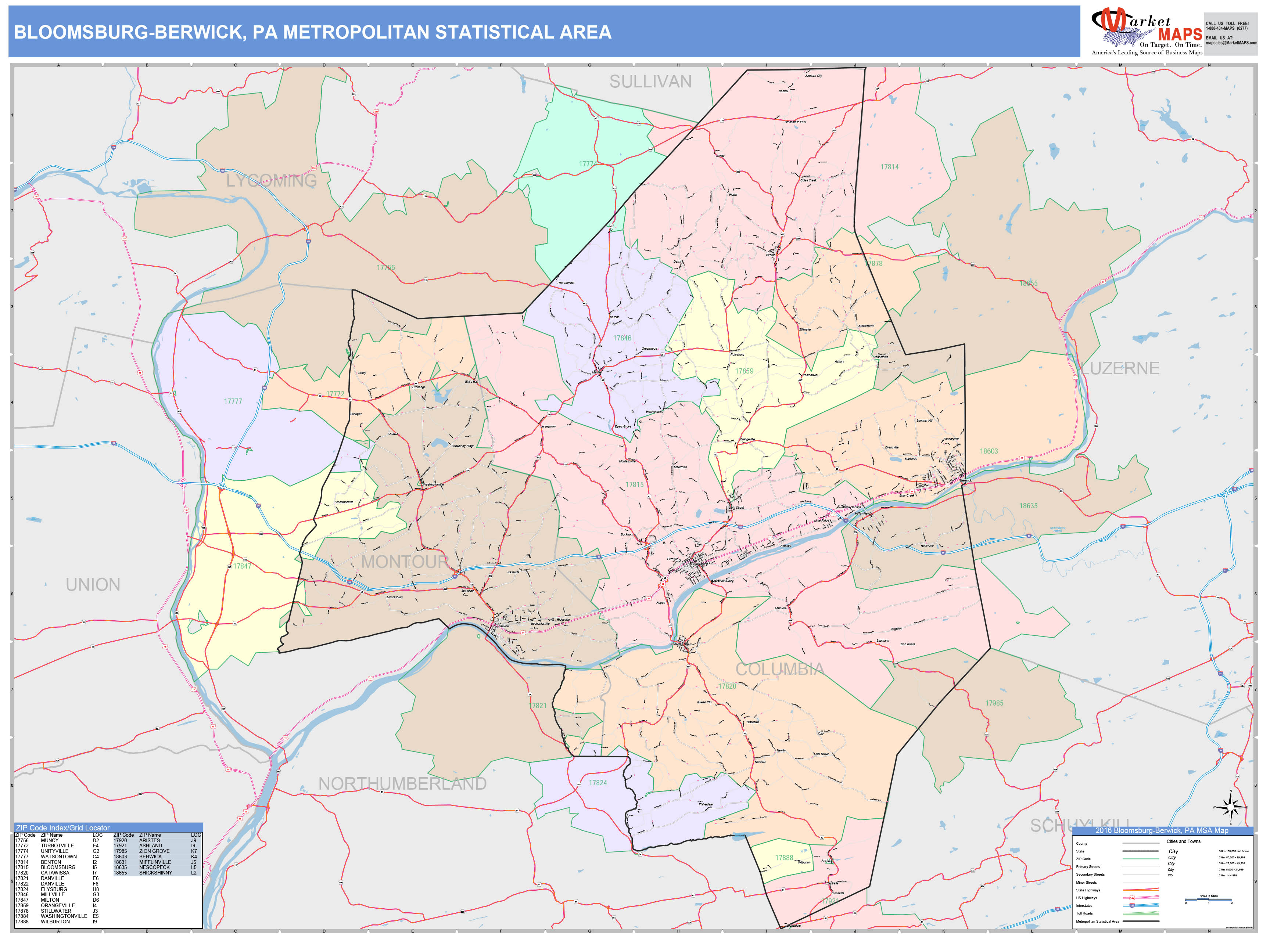 BloomsburgBerwick, PA Metro Area Wall Map Color Cast Style by MarketMAPS