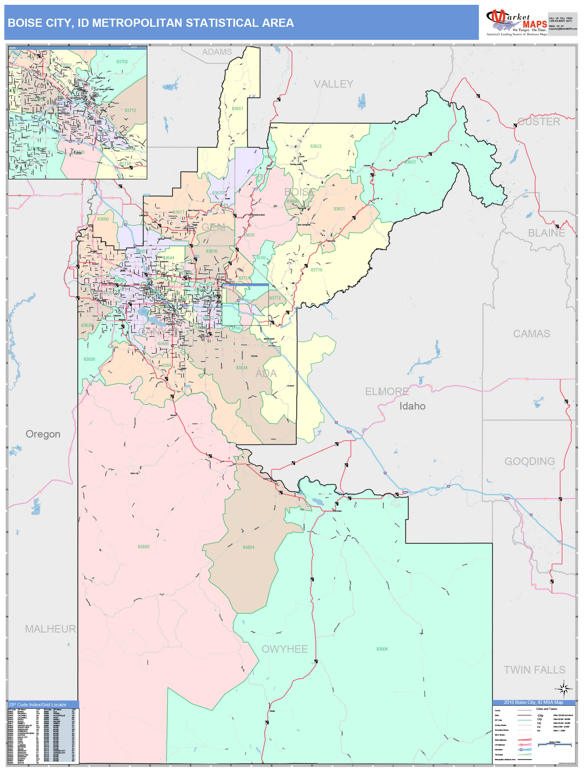 Boise City, ID Metro Area Wall Map Color Cast Style by MarketMAPS