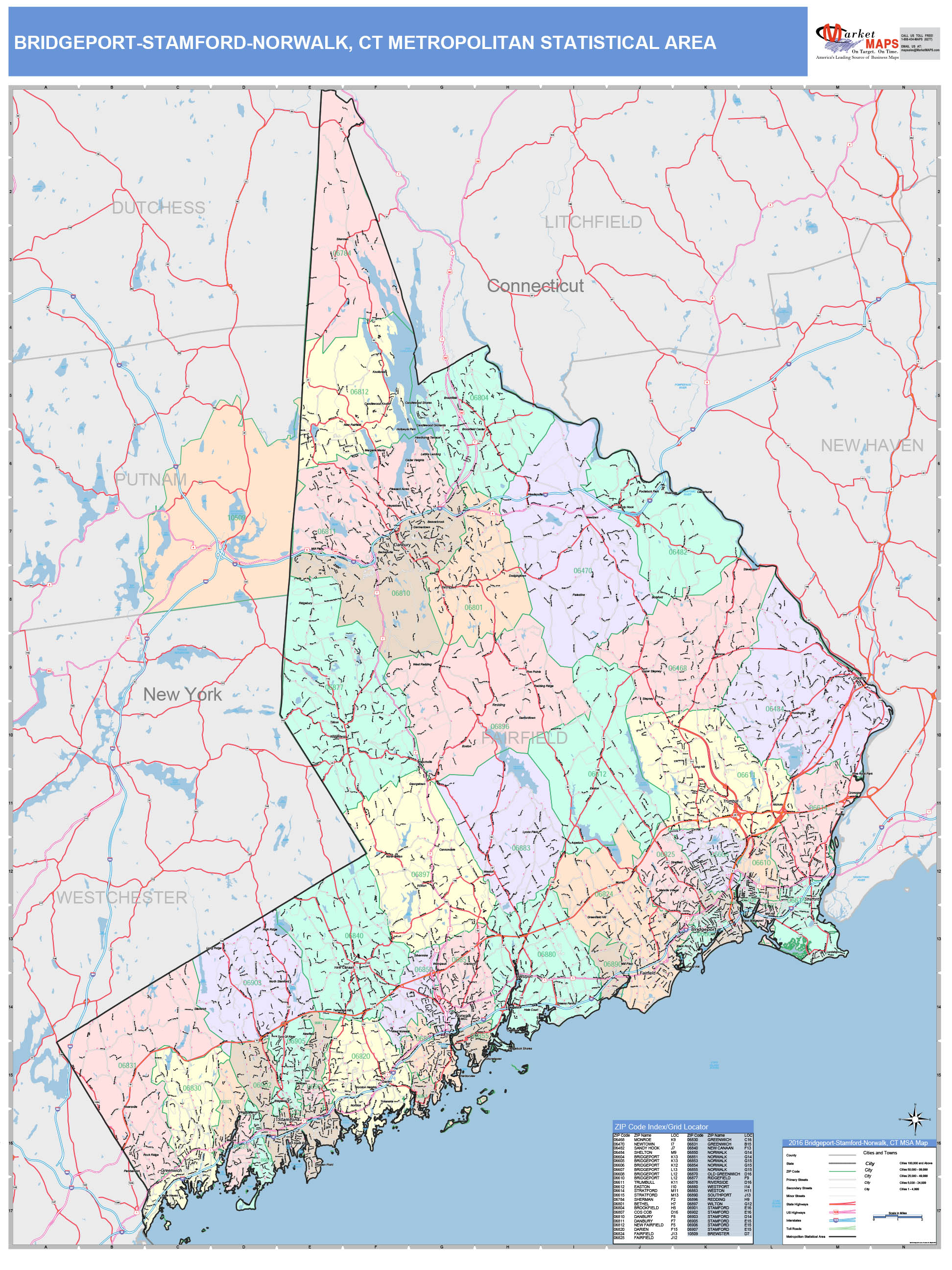 BridgeportStamfordNorwalk, CT Metro Area Wall Map Color Cast Style by