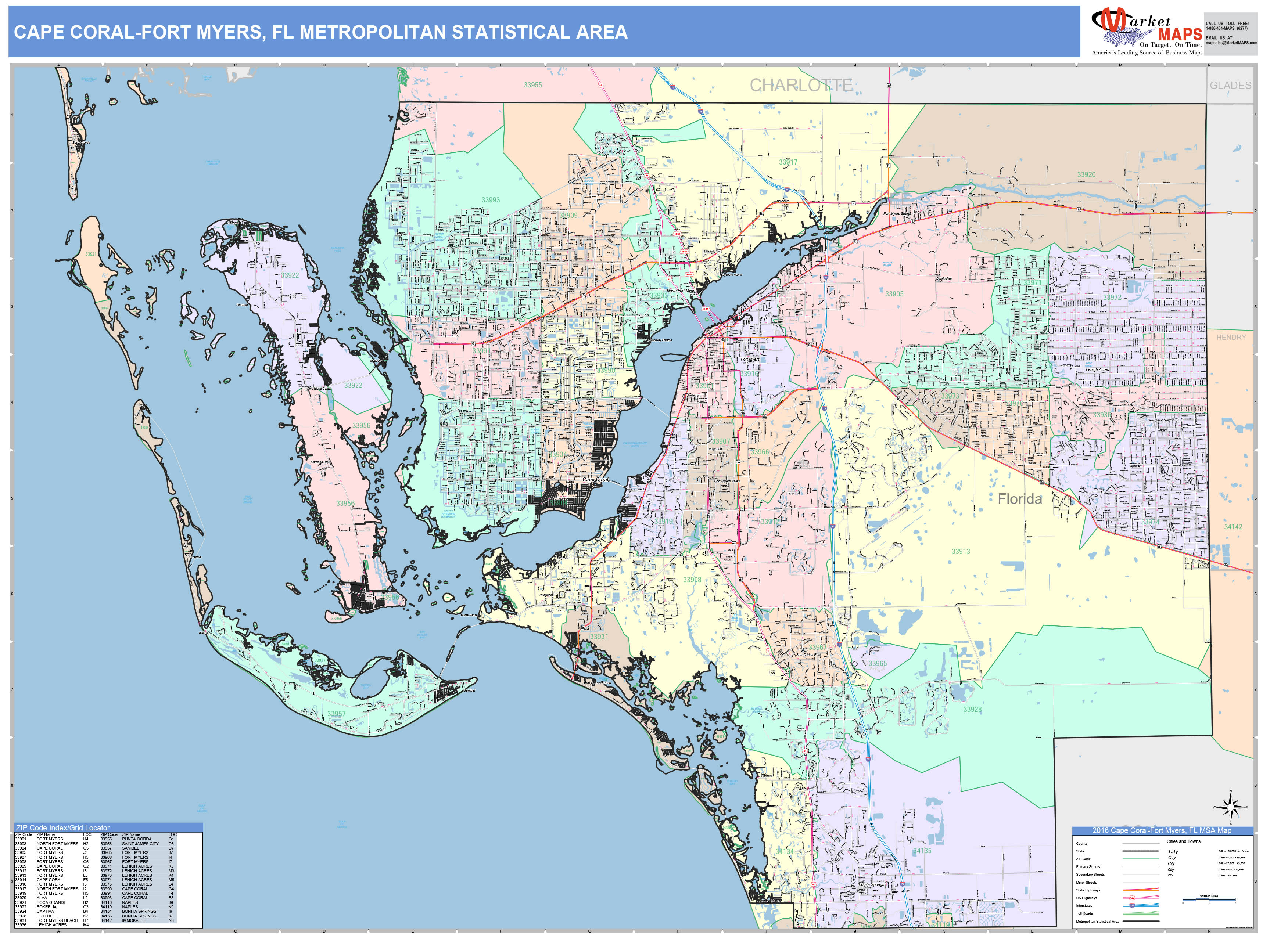 Cape CoralFort Myers, FL Metro Area Wall Map Color Cast Style by