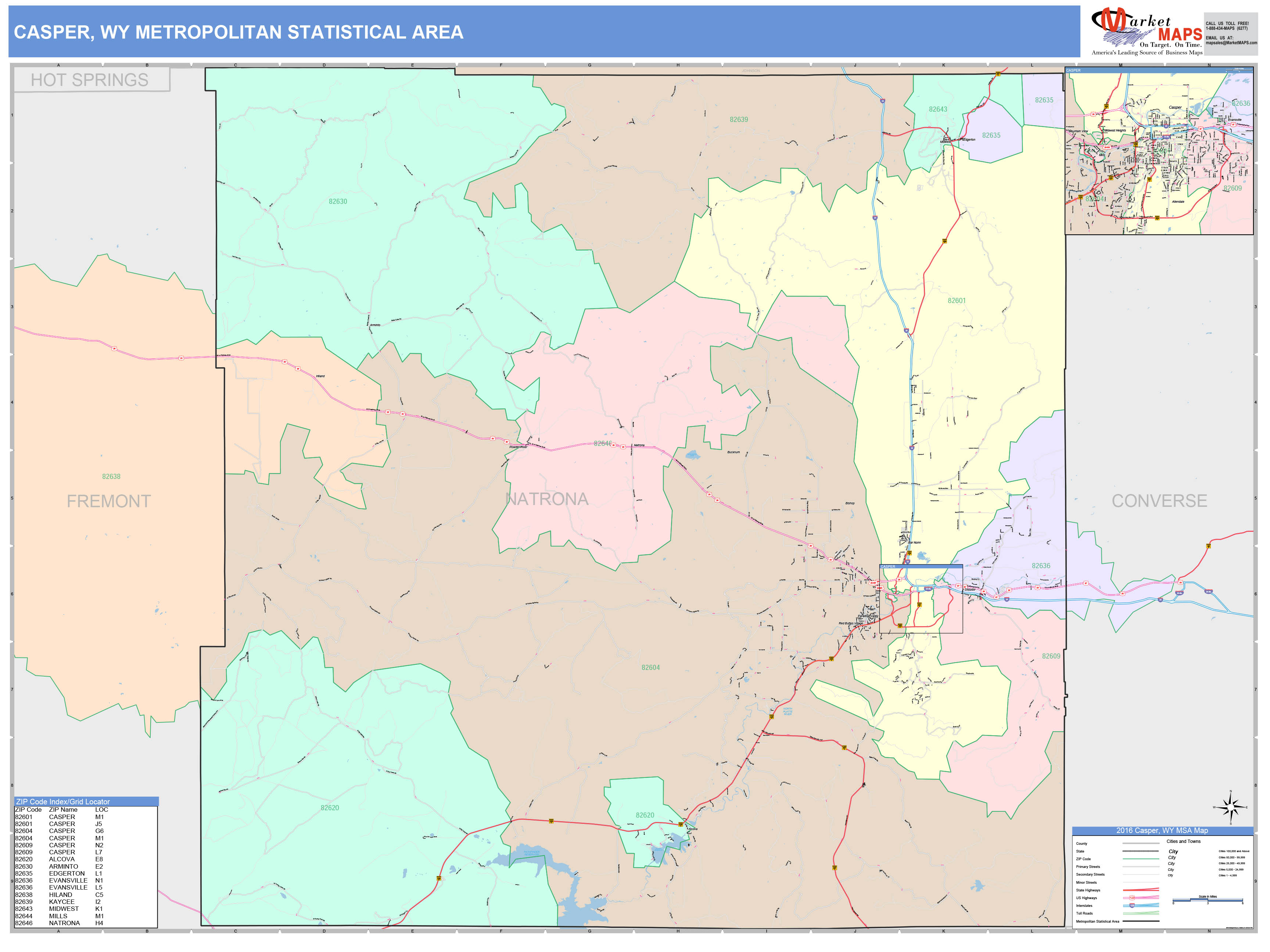 Casper, WY Metro Area Wall Map Color Cast Style by MarketMAPS
