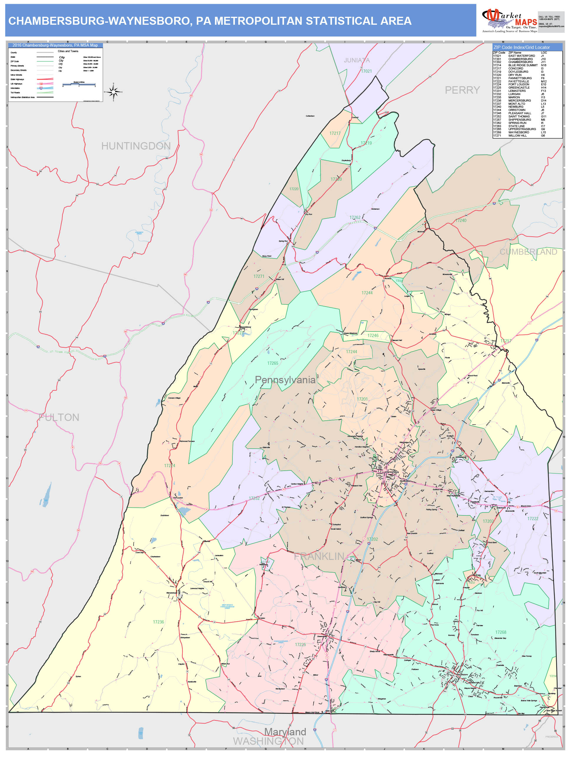 ChambersburgWaynesboro, PA Metro Area Wall Map Color Cast Style by