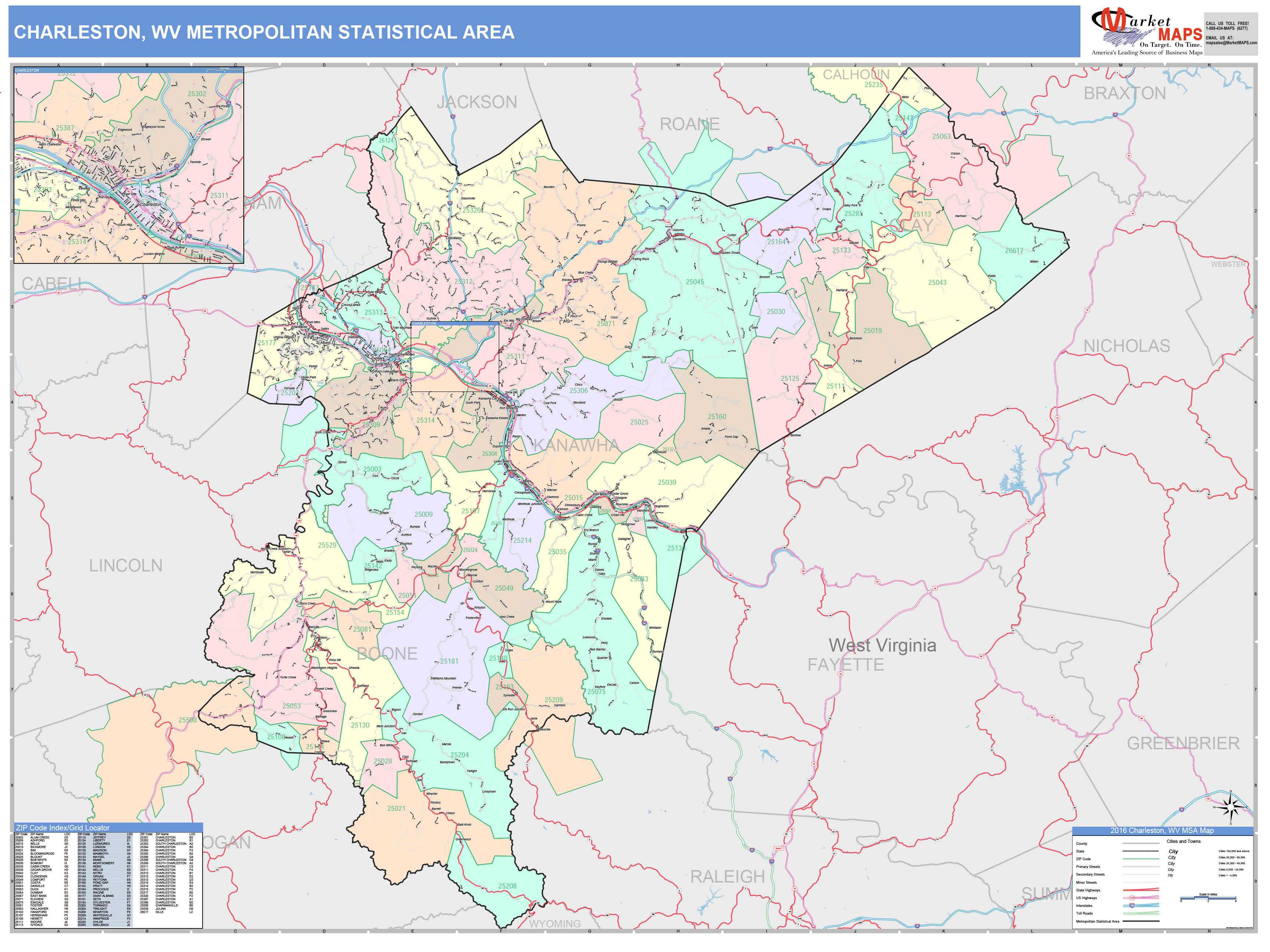 Charleston, WV Metro Area Wall Map Color Cast Style by MarketMAPS