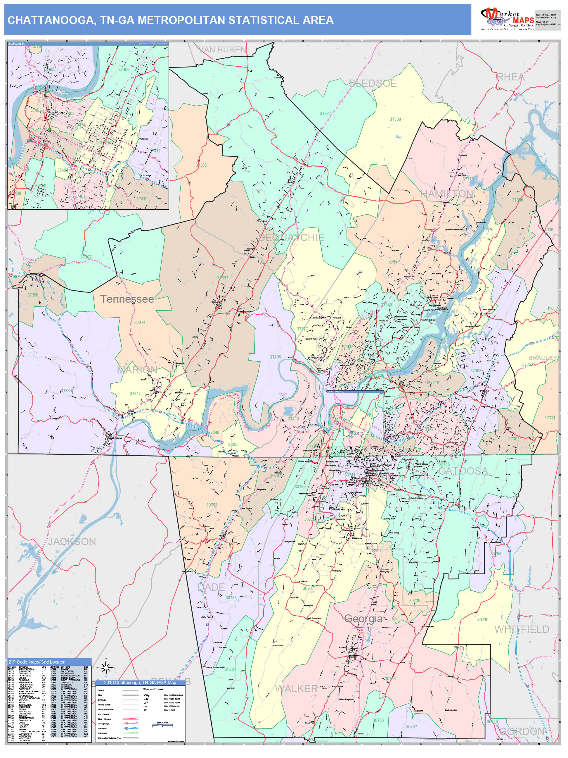 Chattanooga, TN Metro Area Wall Map Color Cast Style by MarketMAPS ...