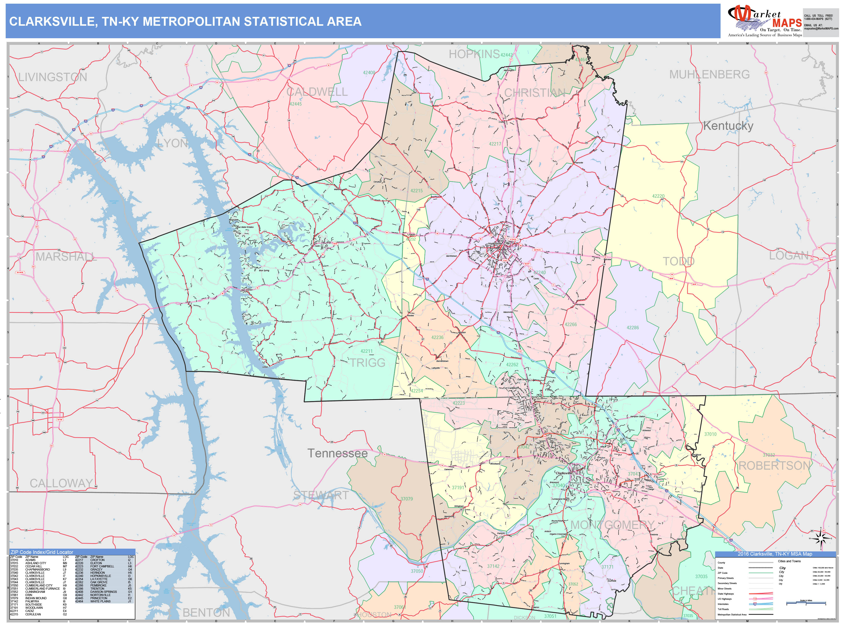 Clarksville, TN Metro Area Wall Map Color Cast Style by MarketMAPS