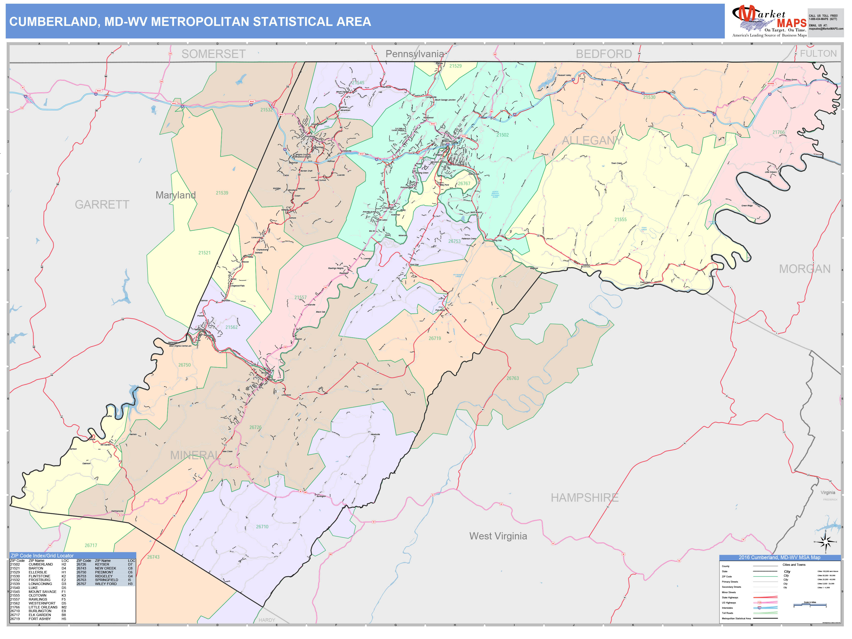 Cumberland Md Metro Area Wall Map Color Cast Style By Marketmaps