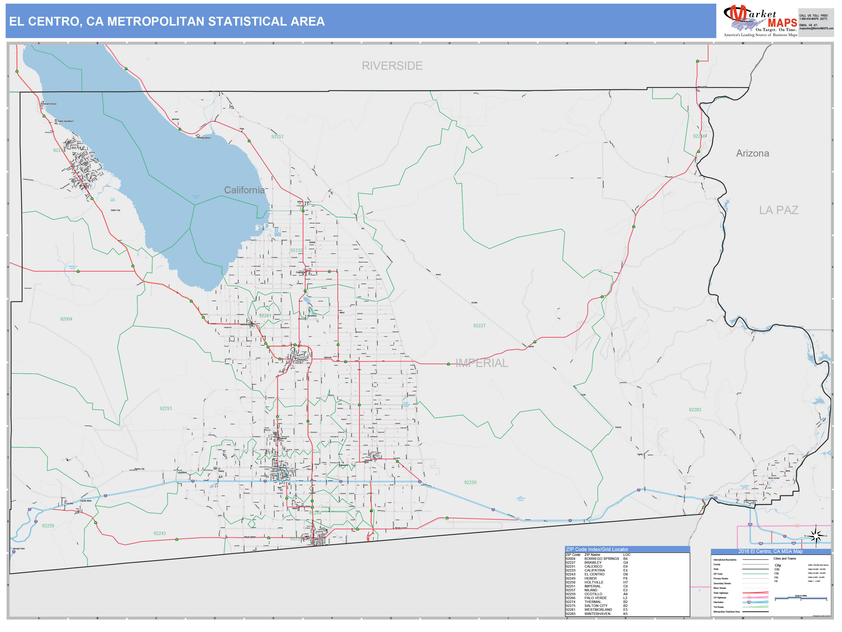 El Centro, CA Metro Area Wall Map Color Cast Style by MarketMAPS - MapSales.com