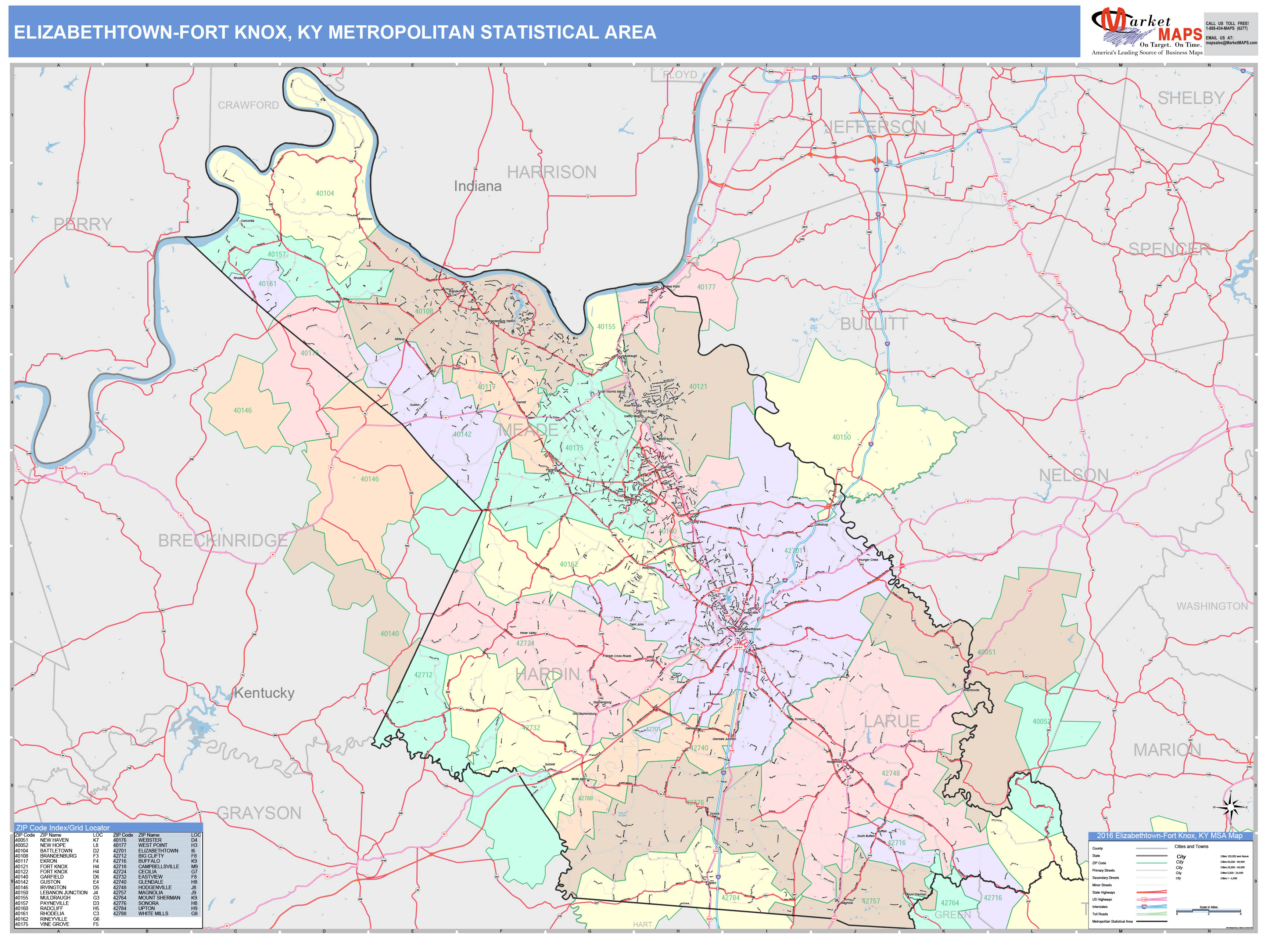 ElizabethtownFort Knox, KY Metro Area Wall Map Color Cast Style by MarketMAPS