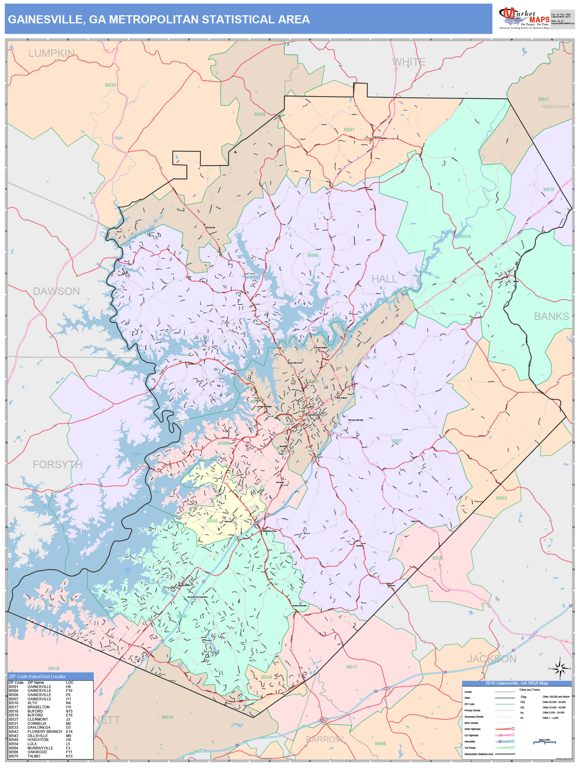 Gainesville, GA Metro Area Wall Map Color Cast Style by MarketMAPS