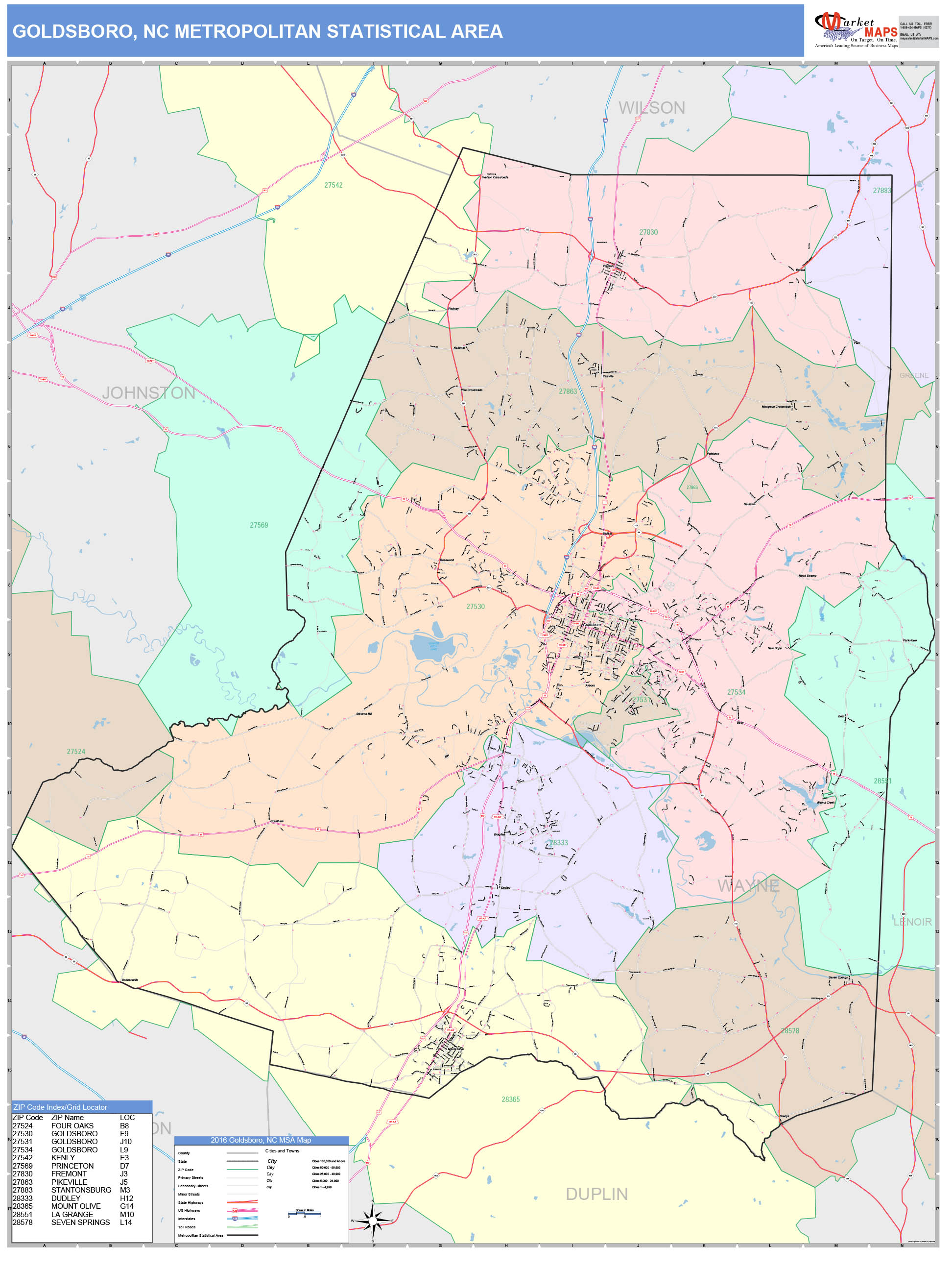 Goldsboro, NC Metro Area Wall Map Color Cast Style by MarketMAPS