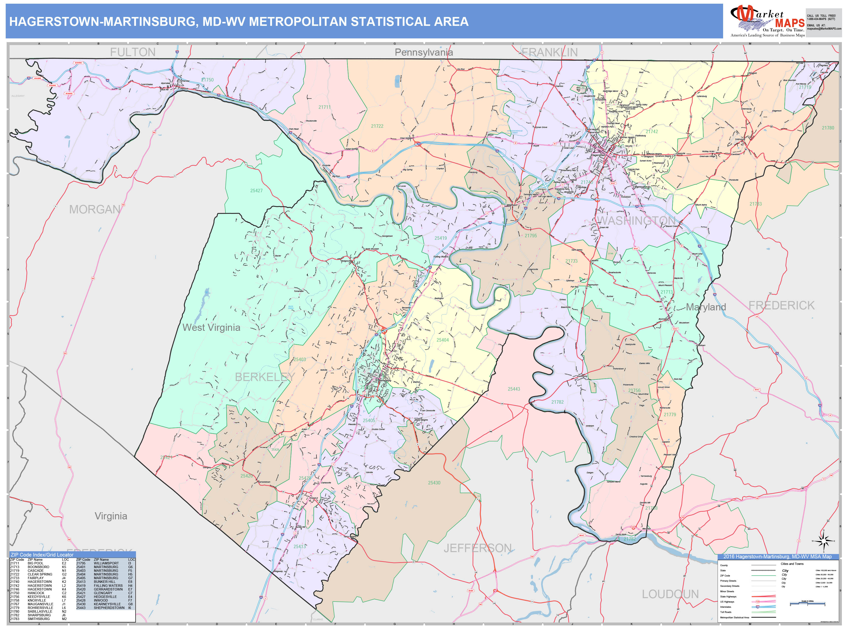 HagerstownMartinsburg, MD Metro Area Wall Map Color Cast Style by MarketMAPS