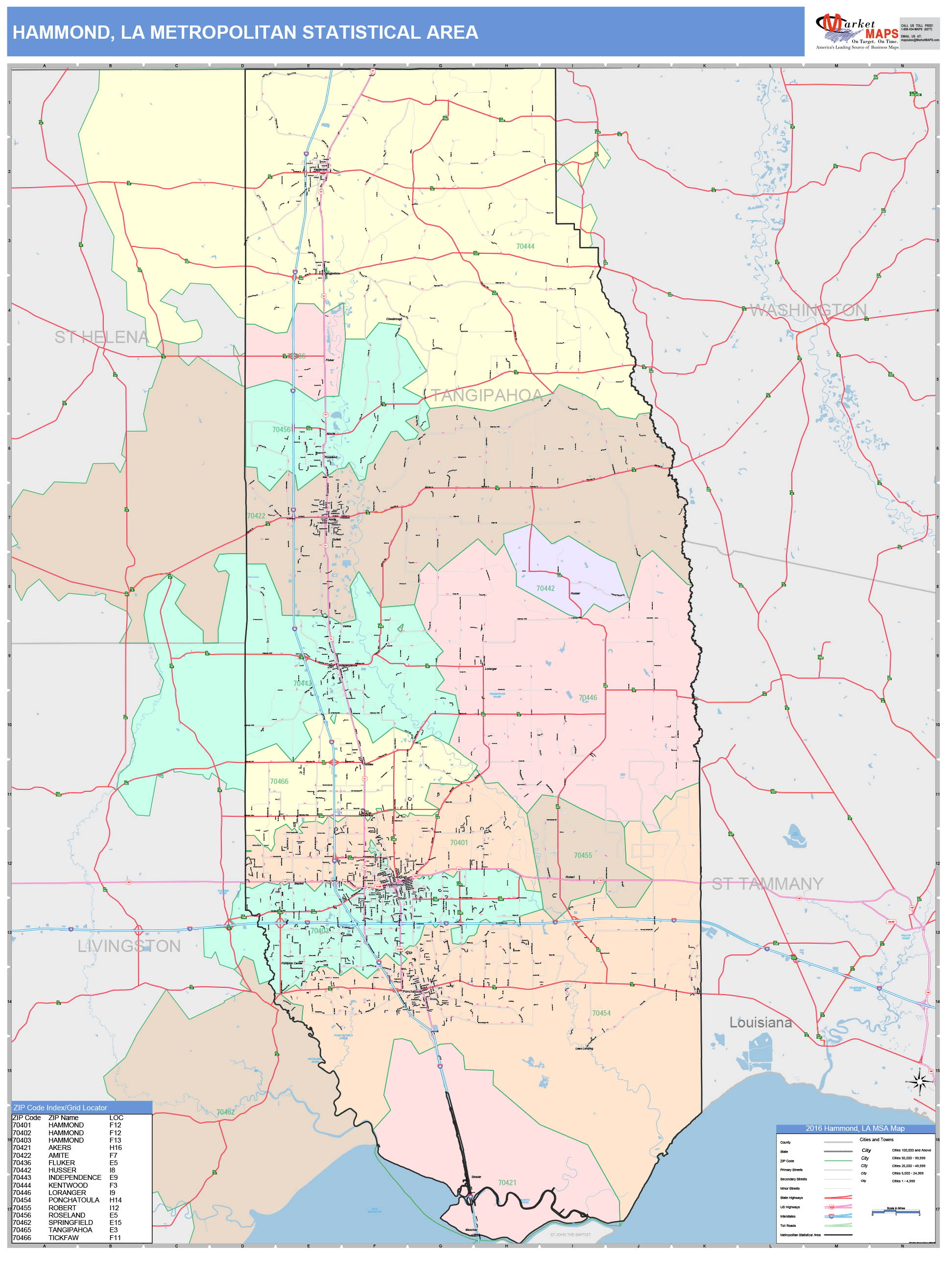 Hammond, LA Metro Area Wall Map Color Cast Style by MarketMAPS