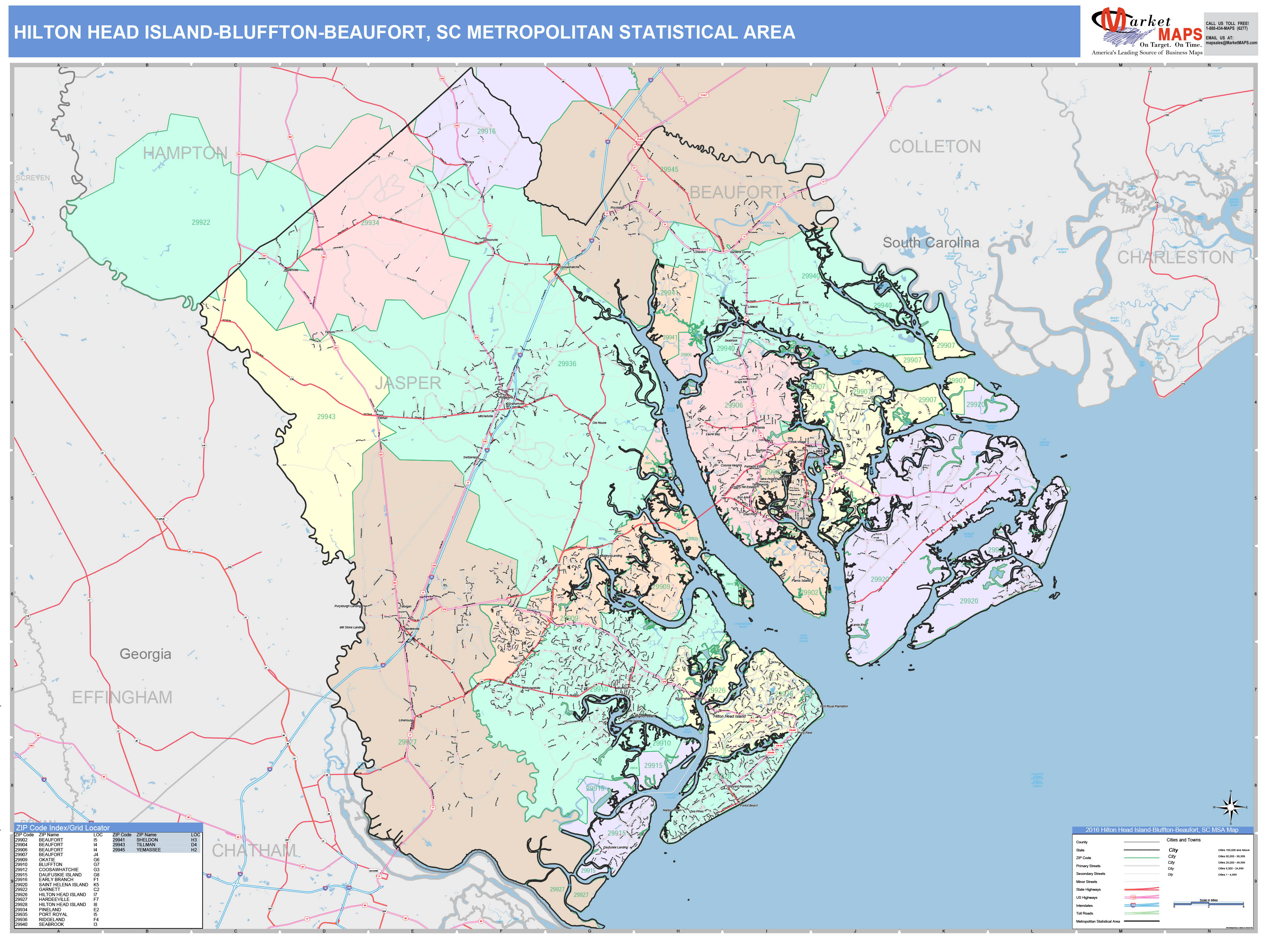 Hilton Head IslandBlufftonBeaufort, SC Metro Area Wall Map Color Cast