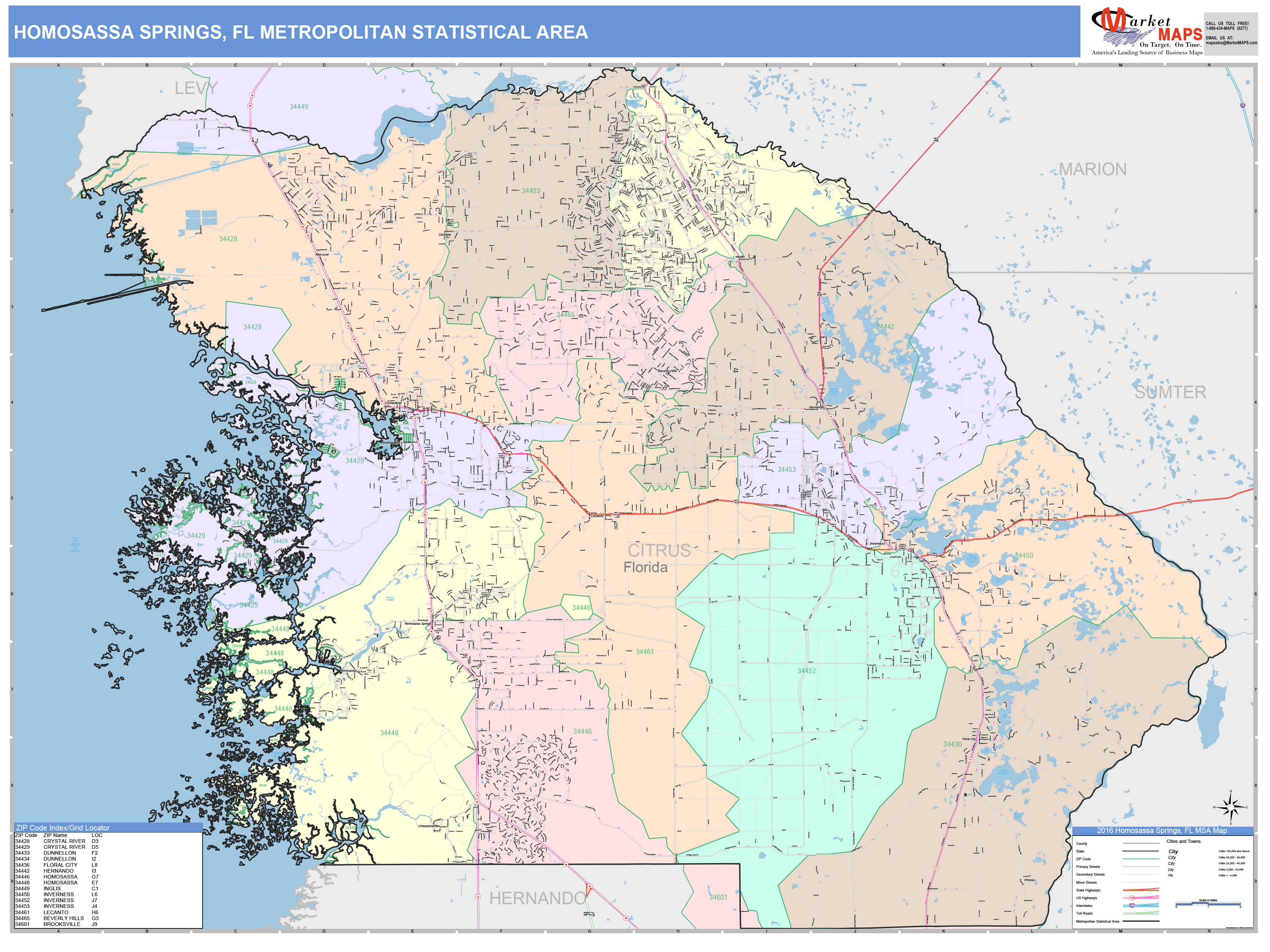Homosassa Springs, FL Metro Area Wall Map Color Cast Style by MarketMAPS