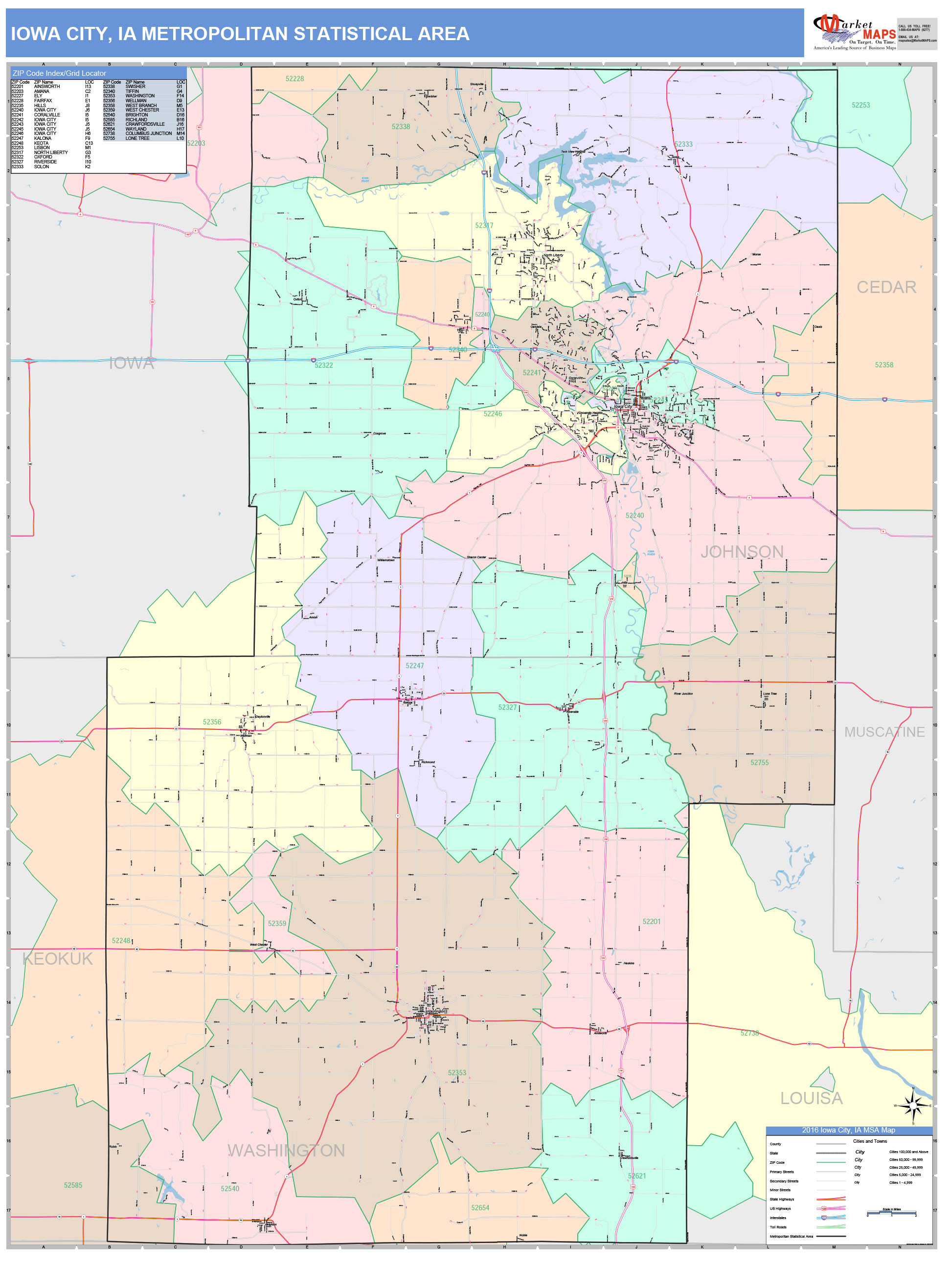 Iowa City, IA Metro Area Wall Map Color Cast Style by MarketMAPS
