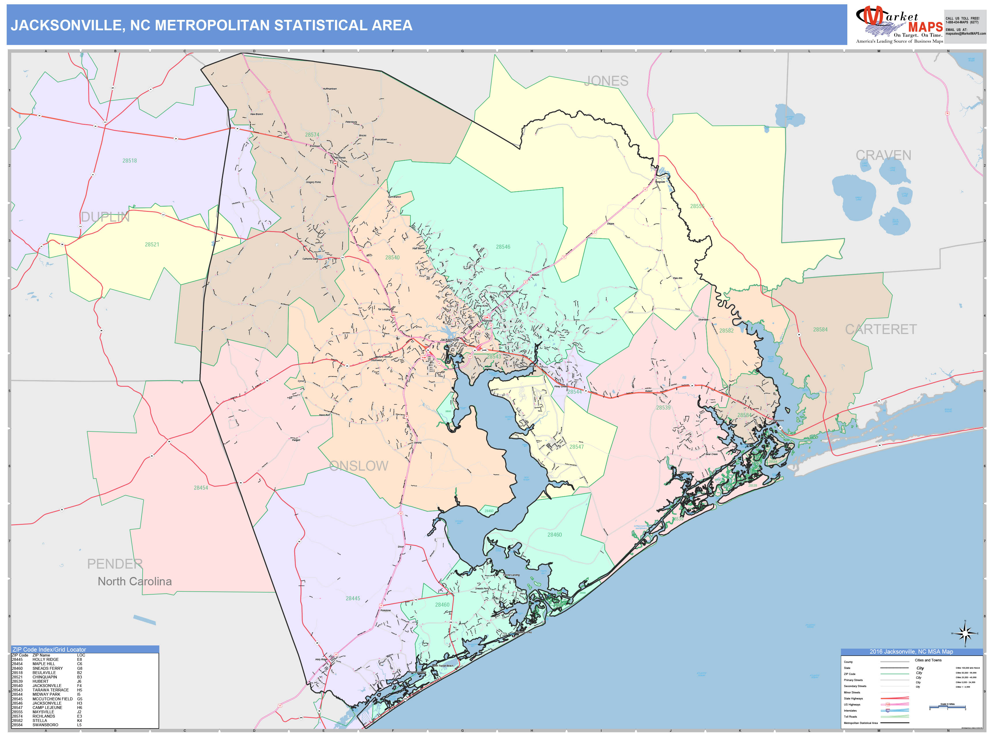 Jacksonville, NC Metro Area Wall Map Color Cast Style by MarketMAPS