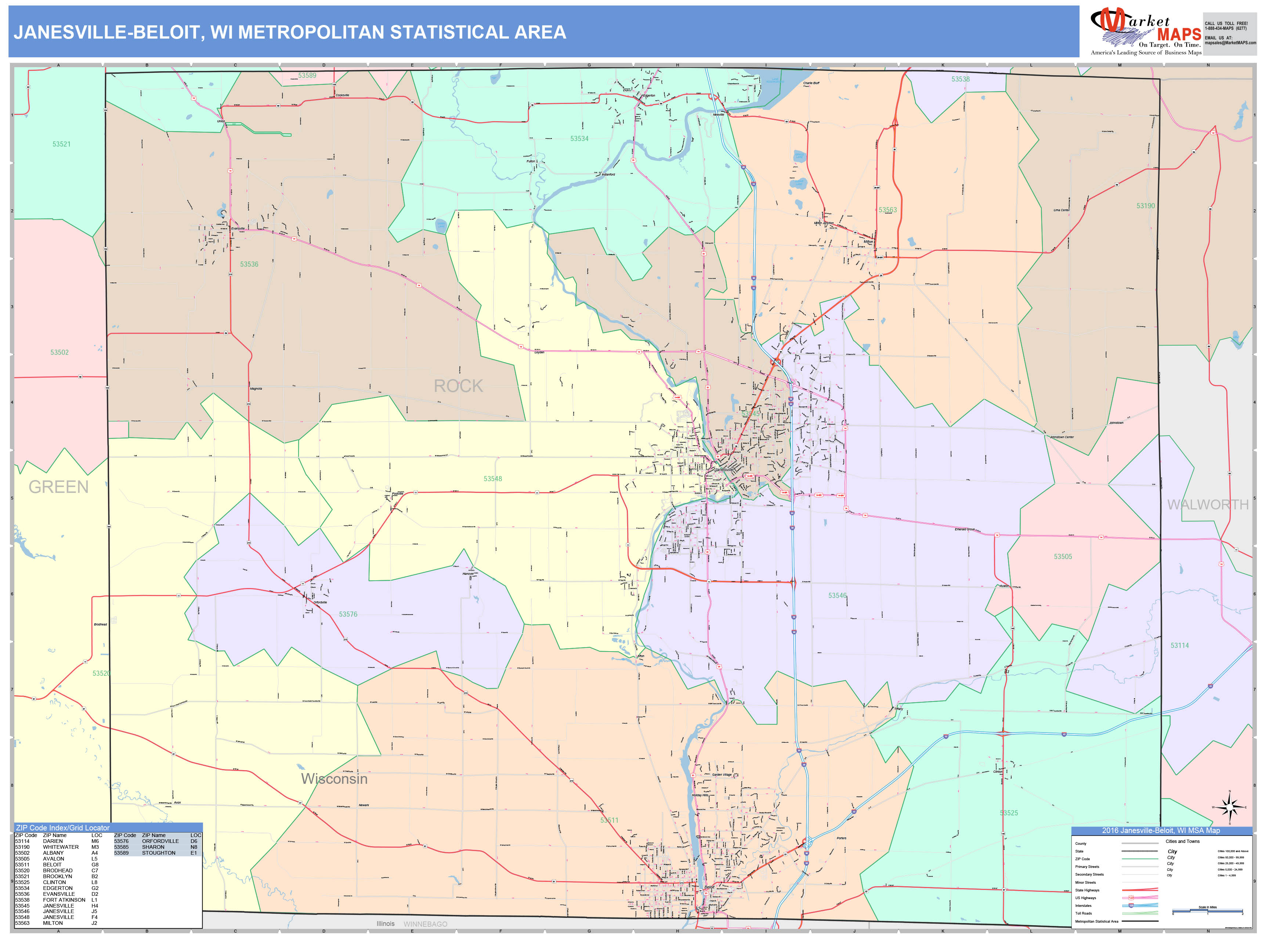 JanesvilleBeloit, WI Metro Area Wall Map Color Cast Style by MarketMAPS