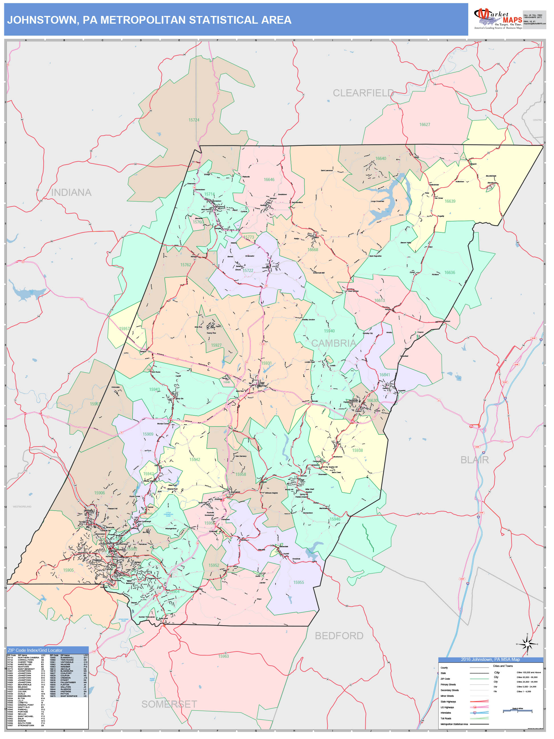Johnstown, PA Metro Area Wall Map Color Cast Style by MarketMAPS MapSales