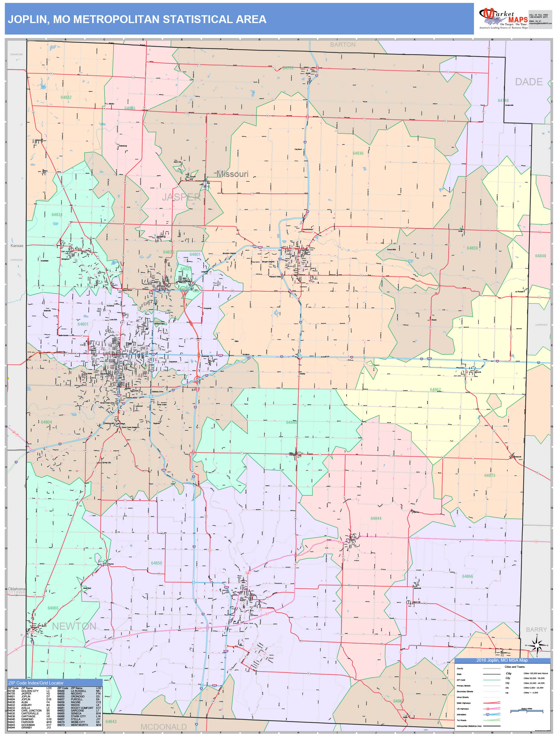 Joplin, MO Metro Area Wall Map Color Cast Style by MarketMAPS