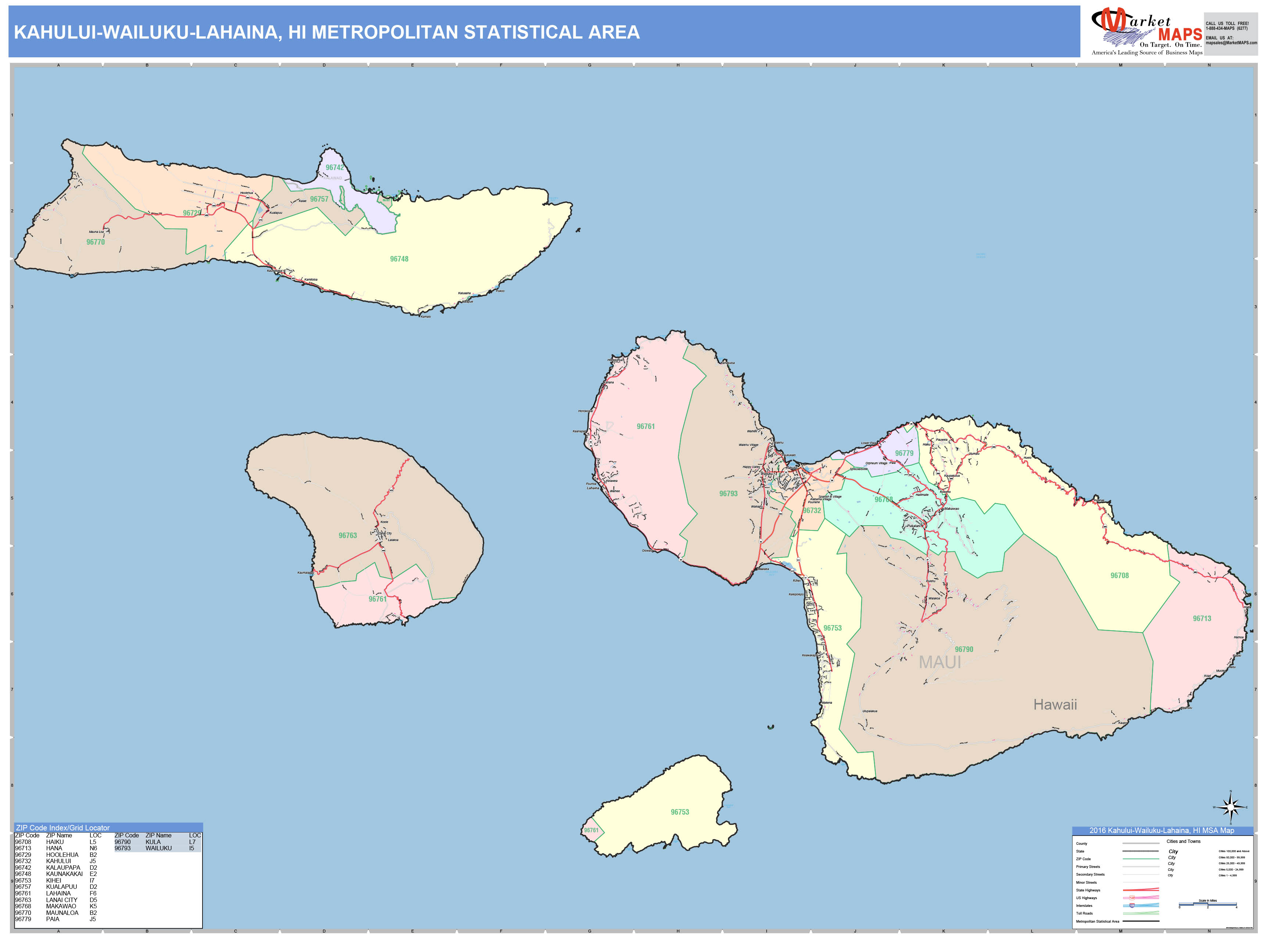 KahuluiWailukuLahaina, HI Metro Area Wall Map Color Cast Style by