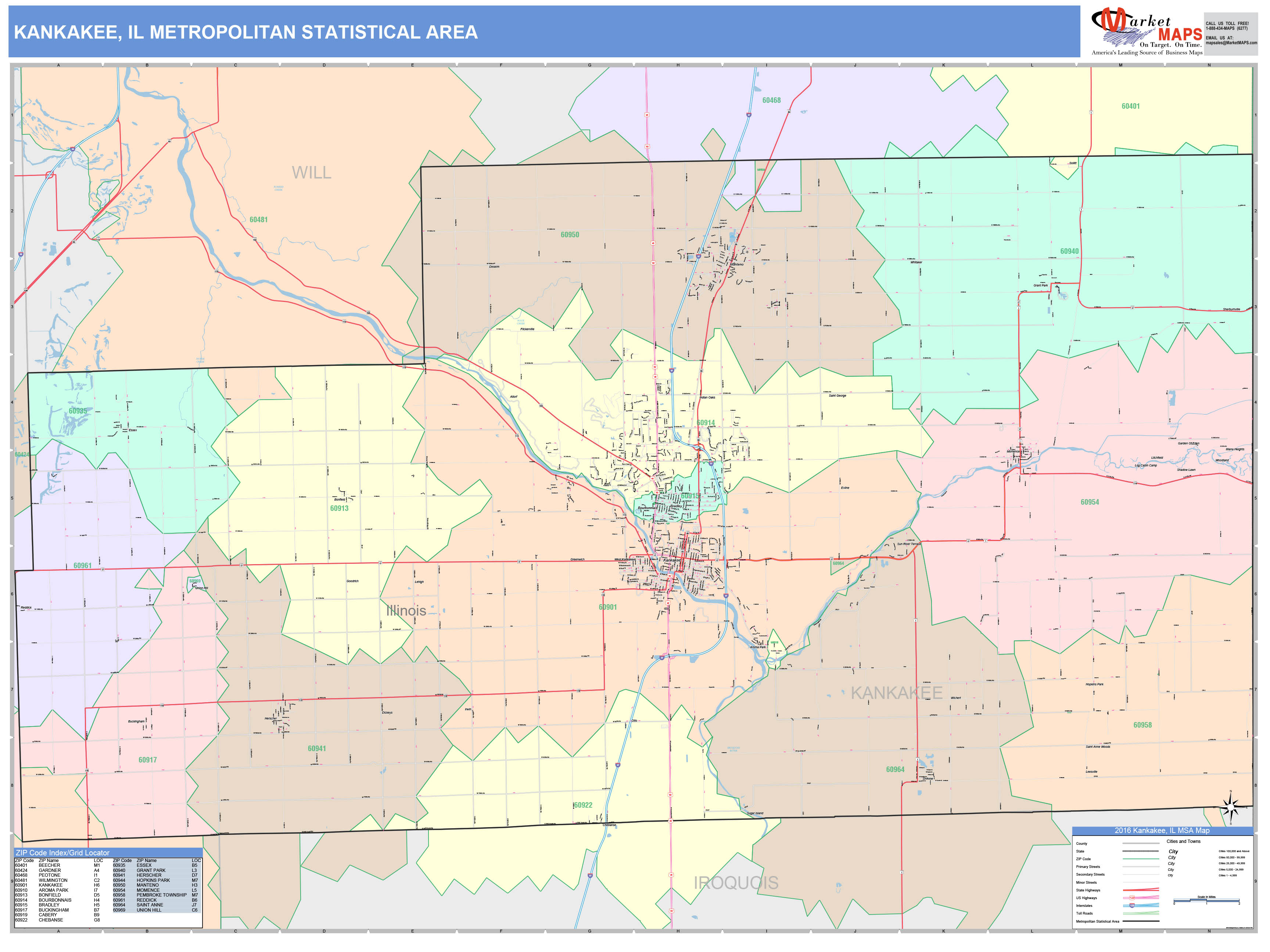 Kankakee, IL Metro Area Wall Map Color Cast Style by MarketMAPS MapSales