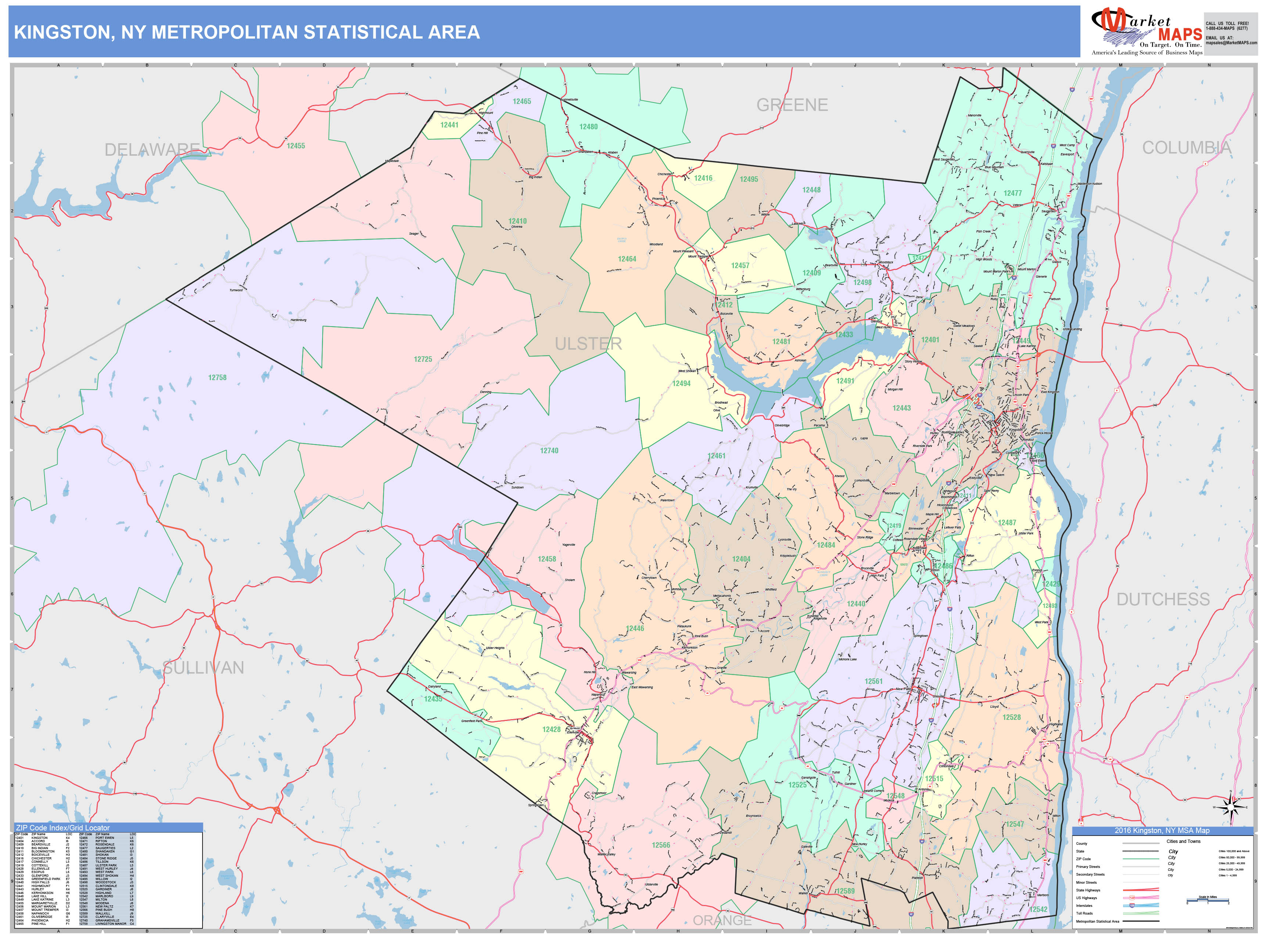 Kingston, NY Metro Area Wall Map Color Cast Style by MarketMAPS