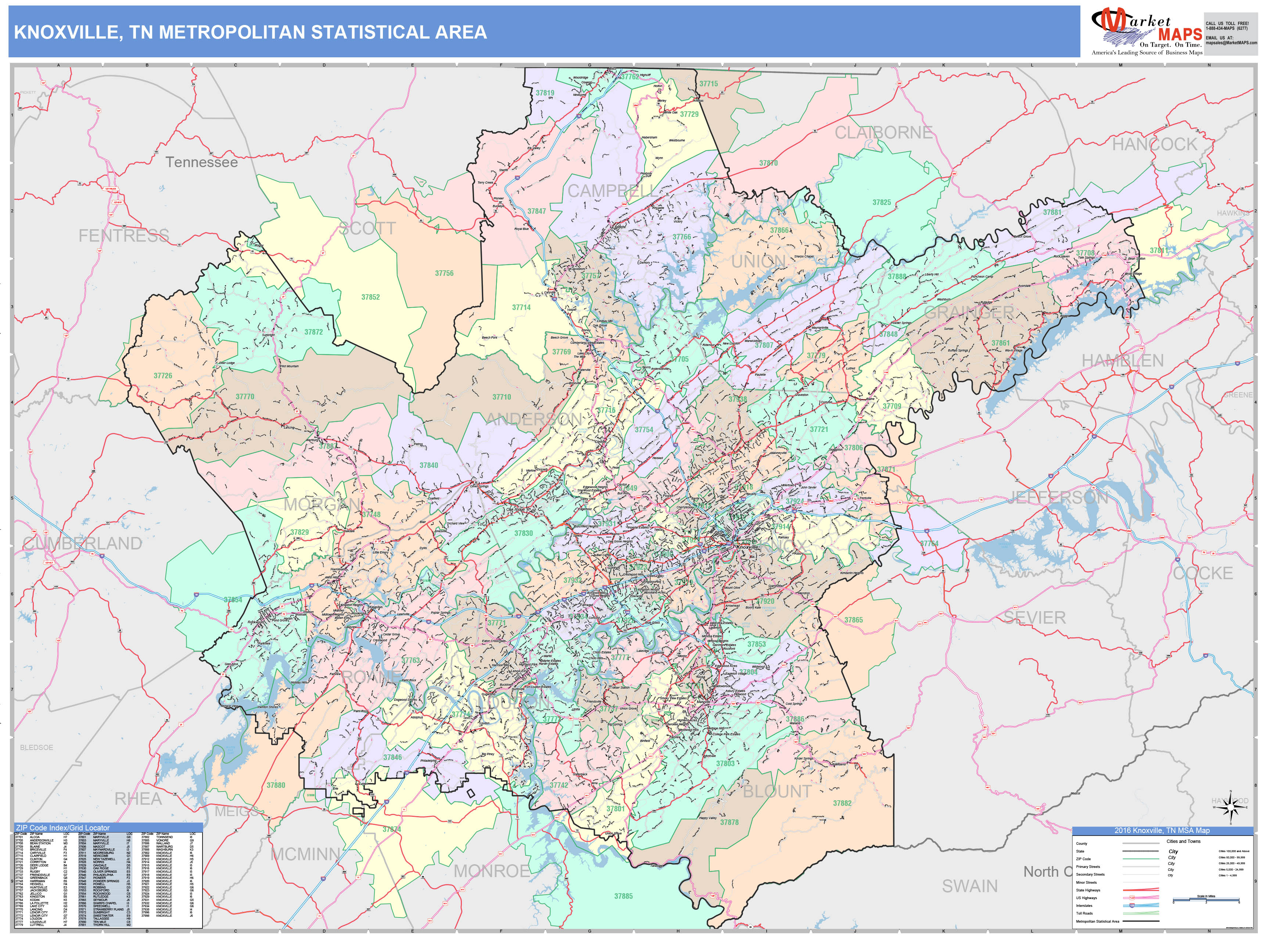 Knoxville, TN Metro Area Wall Map Color Cast Style by MarketMAPS MapSales