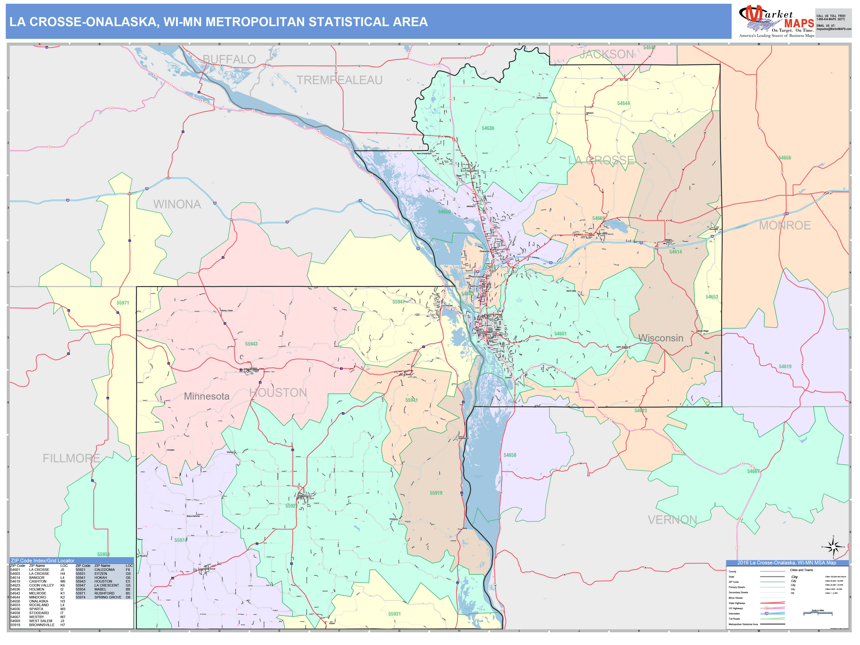 La CrosseOnalaska, WI Metro Area Wall Map Color Cast Style by MarketMAPS