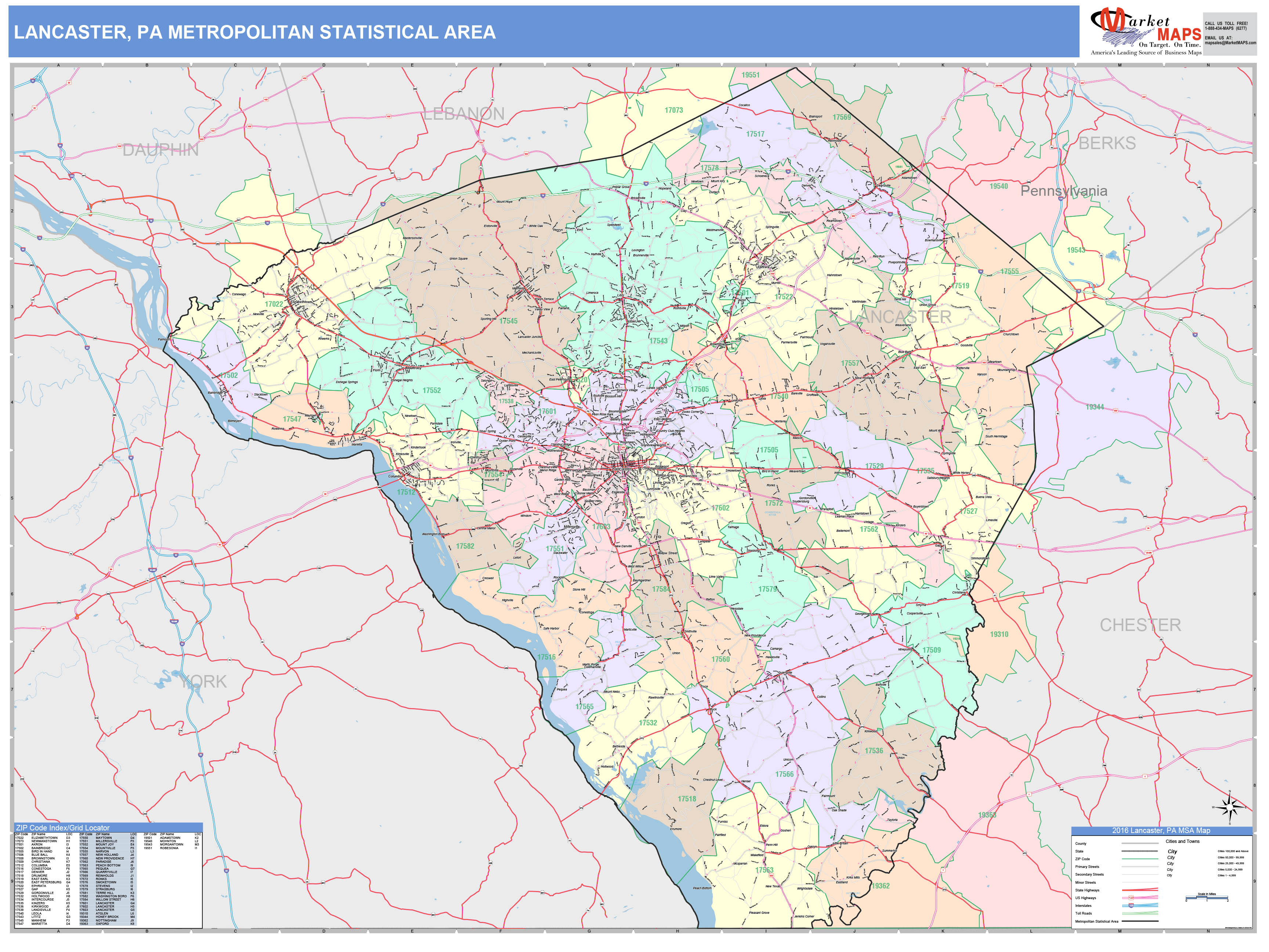 Lancaster, PA Metro Area Wall Map Color Cast Style by MarketMAPS MapSales