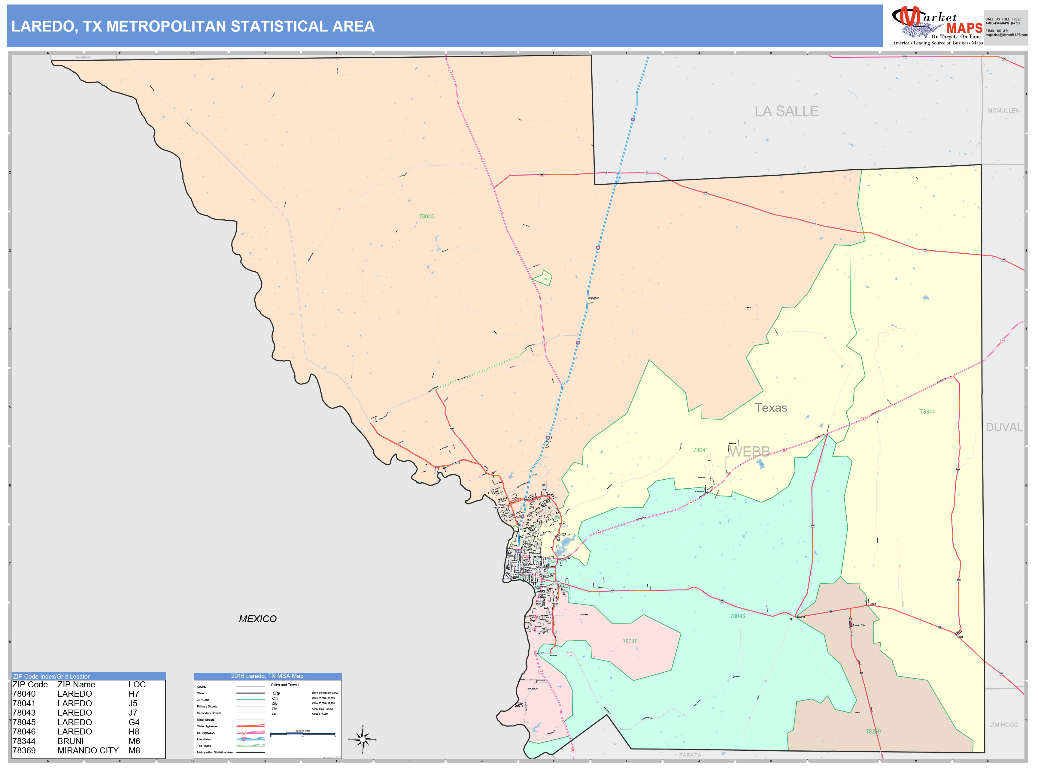Laredo, TX Metro Area Wall Map Color Cast Style by MarketMAPS MapSales