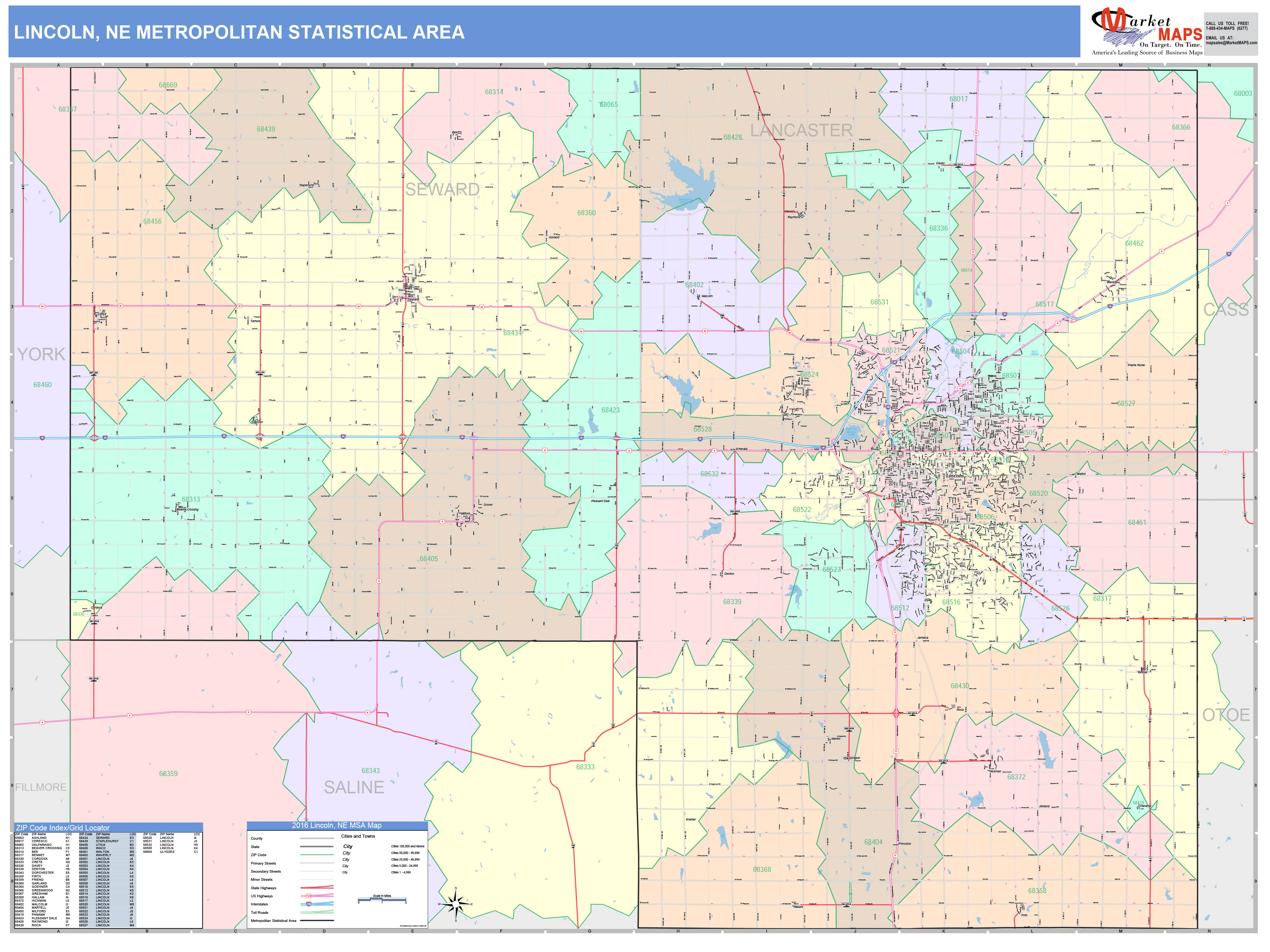 Lincoln, NE Metro Area Wall Map Color Cast Style by MarketMAPS - MapSales