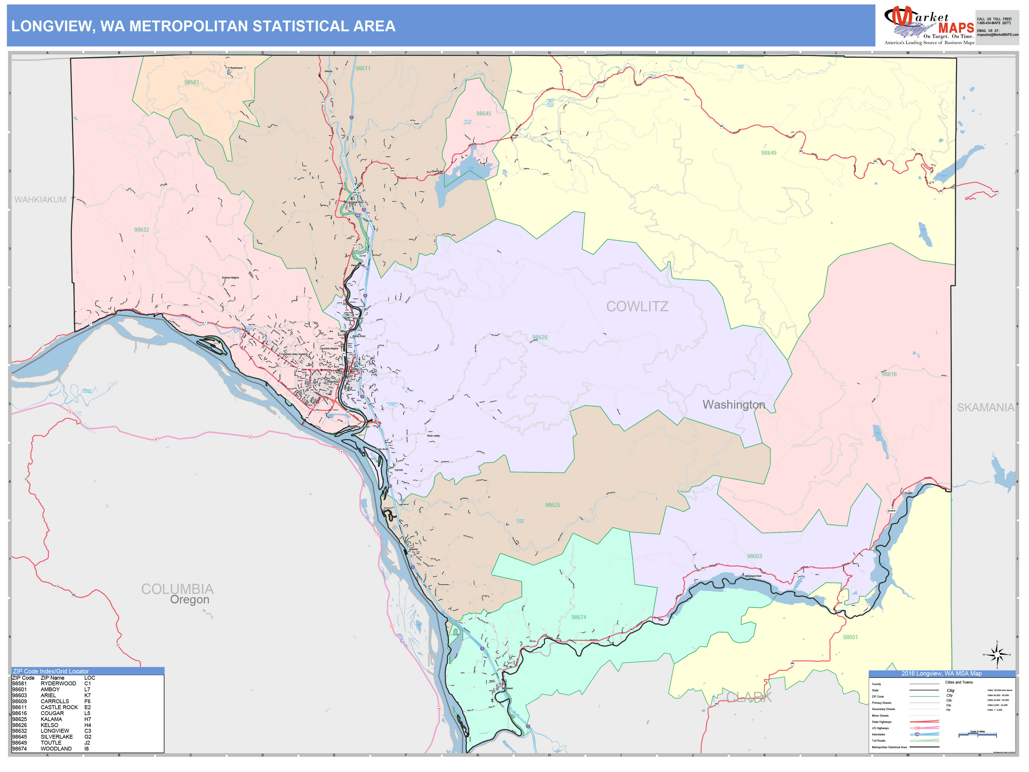 Longview, WA Metro Area Wall Map Color Cast Style by MarketMAPS