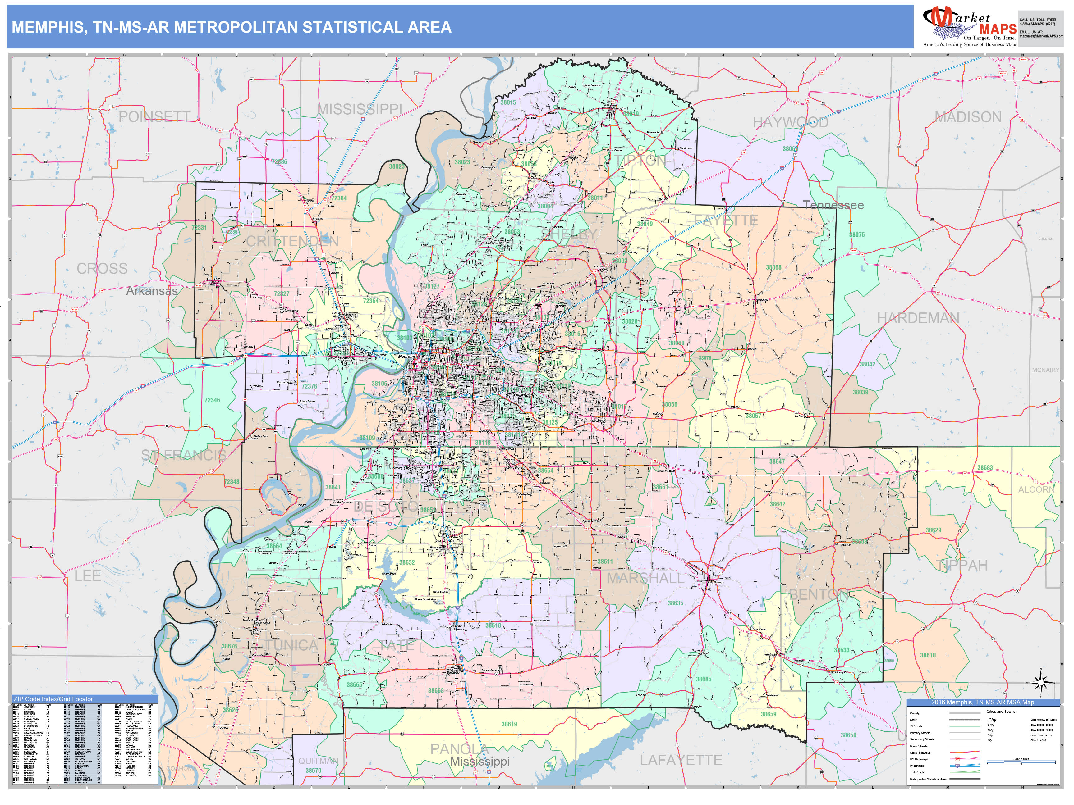 Memphis, TN Metro Area Wall Map Color Cast Style by MarketMAPS MapSales