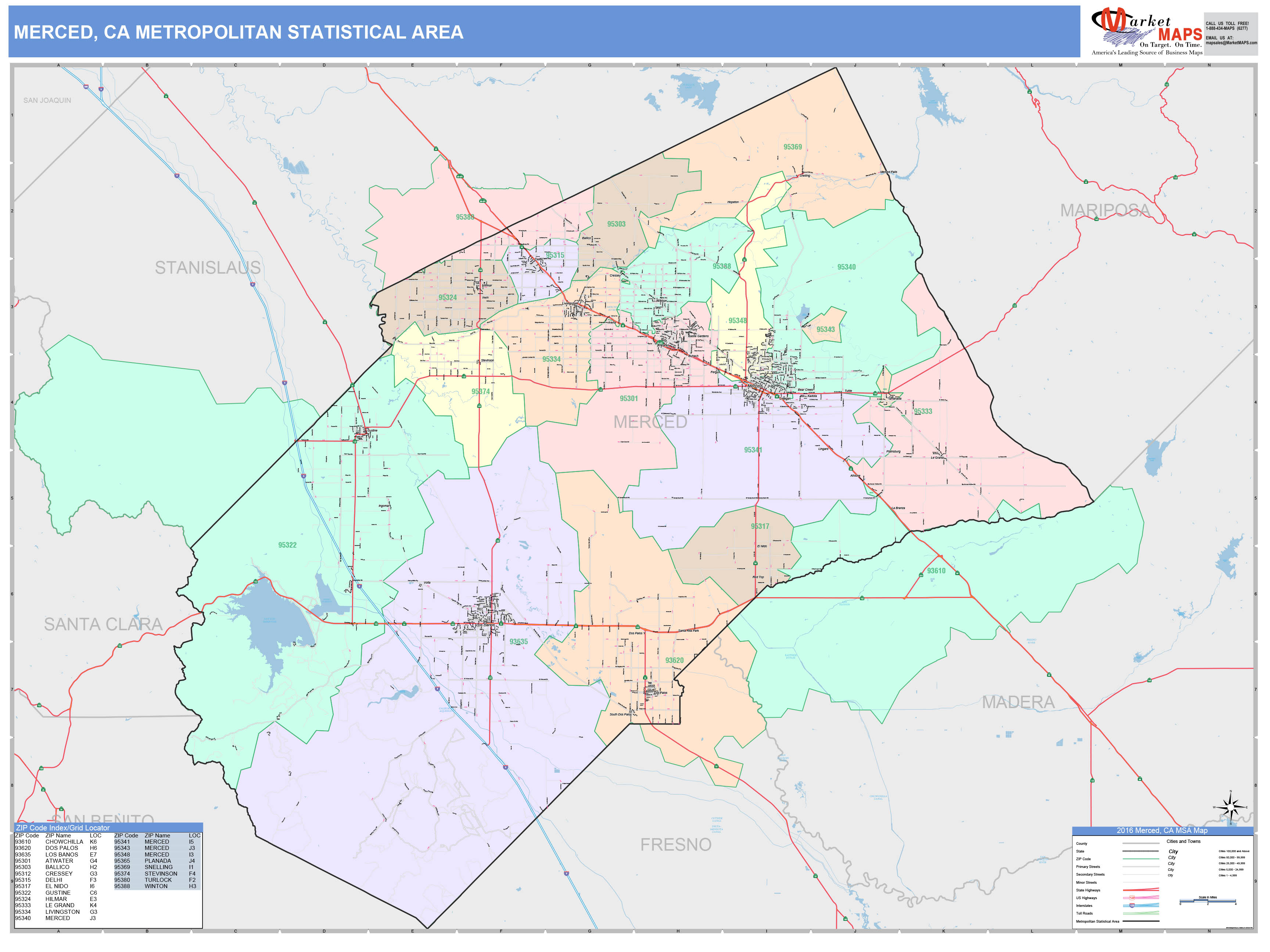 Merced, CA Metro Area Wall Map Color Cast Style by MarketMAPS - MapSales