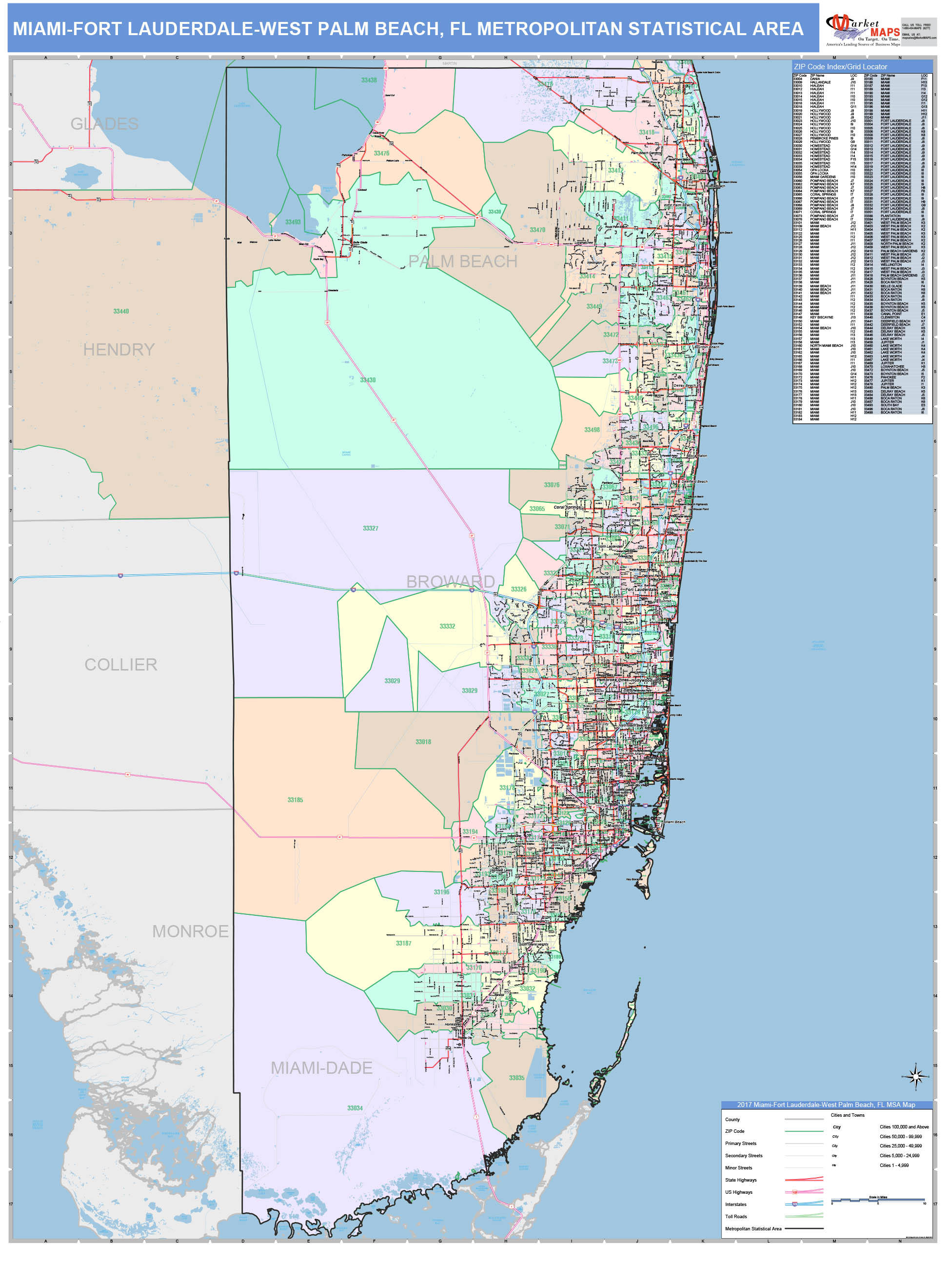 MiamiFort LauderdaleWest Palm Beach, FL Metro Area Wall Map Color Cast Style by MarketMAPS