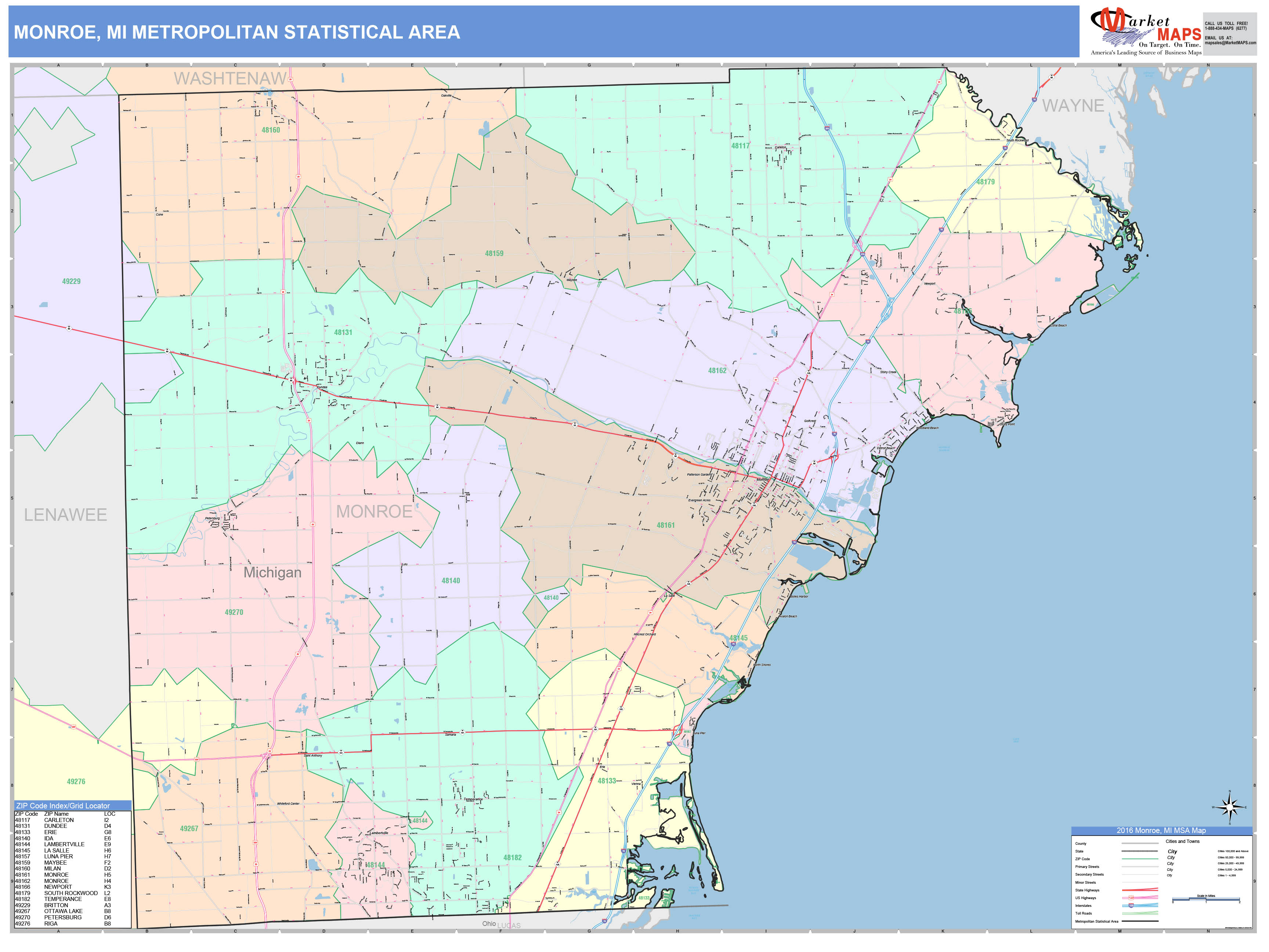 Monroe, MI Metro Area Wall Map Color Cast Style by MarketMAPS