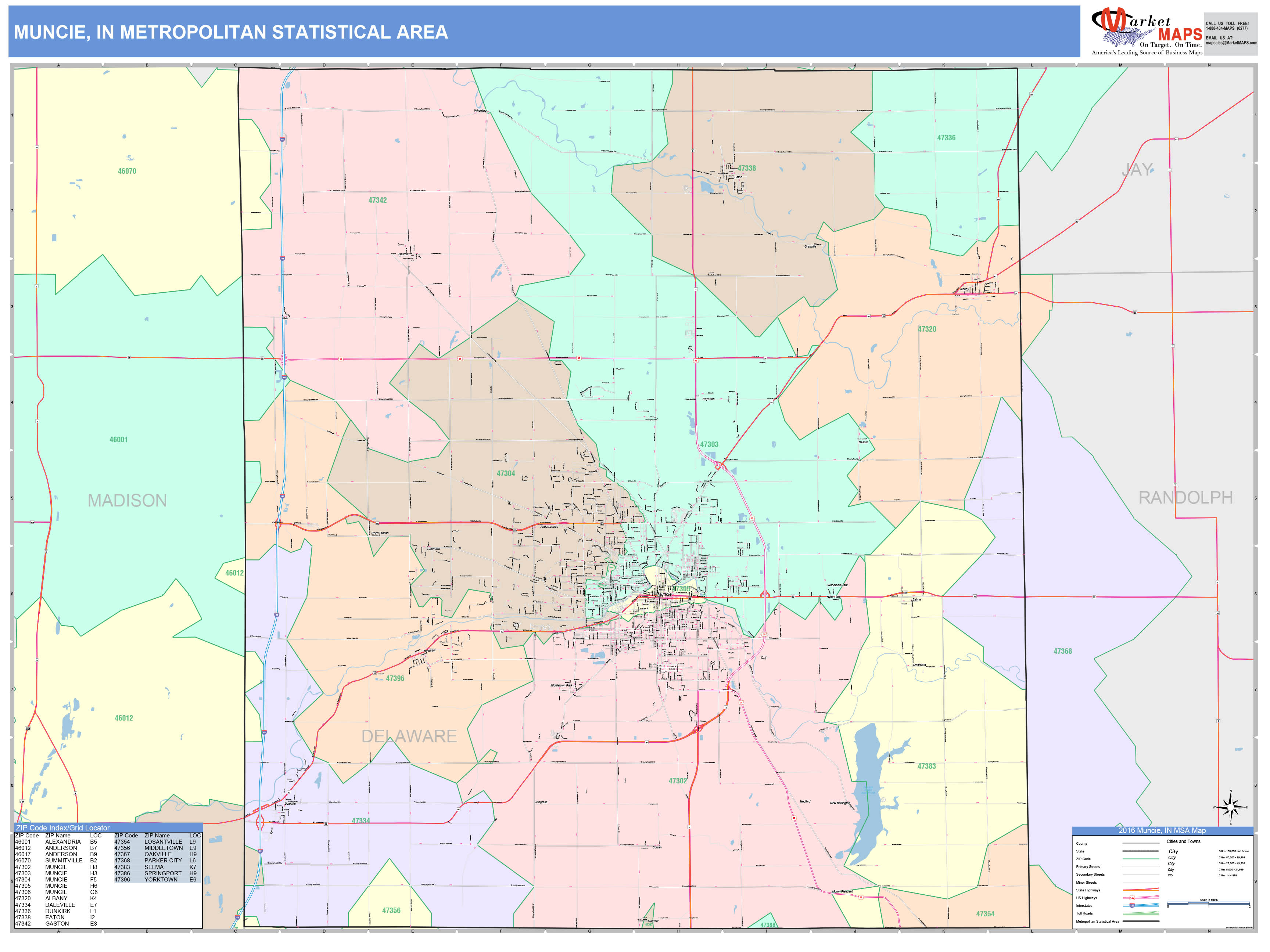 Muncie, IN Metro Area Wall Map Color Cast Style by MarketMAPS